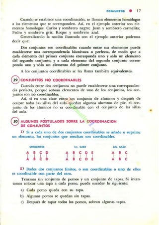 CONJUNTOS • '1
Cuando .se establect' una coordinación, .se llaman elementos homólogos
a los elementos que .se correspondl::n. Así, en el I::jemplo anterior son cit'·
memos homólogos: Carl05 y sombrero n~o; Juan y sombrl::ro cannelita;
Pedro y sombrero gris; Roqut'" y sombrero azul.
~neralizando la noción ilustrada con el ejemplo anterior podemos
decir que:
Dos conjuntos son cootdinables cuando entre lU8 elementos puede
establecerse una correspondencia biuruv0C3 o perlecC&. de modo que a
cada elemento dd primer conjunto COlTesponda uno y sólo un elemento
del segundo conjunto. y a cada elemento del segundo conjunto COITCS-
penda uno y -1610 un elemento del primer conjunto.
A los conjuntos coordinables 5(' les llama tambi~n equivalentes.
@ CONJUNTOS NO COORDINAlLES
Cuando ell[re dos conjuntos no puede establcc(T5(' una colTesponden-
cia pttfecta, porque sobran ekml::ntos de uno dI:: los conjumos, los con-
juntos son DO coordinables.
Así, si en una clase entra un conjunto de alumnos y despu6 de
ocupar todas lal sillas del aula quedan algunos alumnos de pit', el con-
junto de los alumnos no es coordinable <:on el conjunto de las sillas
del aula.
GALGUNOS rOs-rULADOS SOIU LA coa DIHACION
DI COHJUHTOS
1 ) Si a cada UIlO de dos conjuntos coordinables .se añade o suprime
un demento, los conjunlos que resultan son eoordinables.
eO.....uMT01
2 ) Dados dos c:onjunt05 finitOli, O son <:oordinables o uno de ellos
es eoordinable con ¡)Mle del otro.
Tenemos un mnjunto de pomos y un conjunto dI:: lapas. Si inu:n-
tamos <:olocar una tapa a cada pomo, puede su<:eder 10 siguientt'":
a) Cada pomo queda ron su tapa_
b) Algunos pomos .se quroan sin tapas..
e) Después de tapar todos los pomos, sobran algunas tapas.
•
 