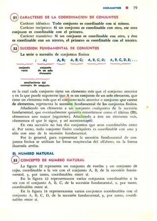 ~
--.--pl~ ...
-"'....~....
en la cual cada conjunto li(11~ un demento más que el conjunto anterior
yen la que puroe suponerse que A es un conjunto de un solo elemento, que
tiene un elemento más que el conjunto nulo anterior o conjunto que car«e
de elementos, representa la sucesión fundamental de los conjuntos finilOs.
Añadiendo un elemento a un conjunto cualquiera de la sucesión
fundam('ntal. que eventualmente quisiera ' omiderarK como t'1 1.iltilno (~).
obtenemos uno mayor (siguiente), Afiadimdo a 6te un elemenlo m;b.
obtenemos el que le sigue. y 3s1 suttsivamcnlc.
En esta sucesion no hay dos conjuntos que S(:3n COOI"dinables entre
51. Por tamo. todo conjuntO finilo cualclnicra es coordinable con uno y
sólo con uno de la sucesión fundamelllal.
Por lo genttal, para Tepr(S(:nur la sucesión (undanlental de con·
juntos finilOS se utiliz.an las letras mayt'l.'lCulas del alfabeto, en la forma
ilustrada arriba,
EL NUMERO NATURAL
GYCONCEPTO DE HUMERO NATURAL
La figura 12 representa un wnjumo de ruedas y un conjunto de
cajas, coordinablc a la va con cl conjunto A, 8, dc la sucesión funda-
mental, y, por tanto, coordinabln cntrc 51.
En la figura 13 rcpresentamos varios oonjumos coordinablcs a la
ICZ con cl conjunto A, 8, e, dc la sucesión fUlldamcnt.a1. v, por tamo,
coordillablcs cntrc sí.
EfI la [igura 14 reprcsentamos varios conjuntos coordinablcs OOfl el
colljumo A, H, e, D, de la sucesión lundamemal, y, por lanto, coordi-
nables entrc si.
 