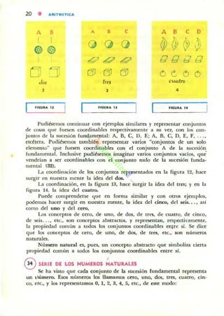 20 • AlIlTMnlCA
A B
I
@@
Jo.
,
flGU.... 11
A B
tru
,
e A BCD
~ (~ 0) ,j¡
{lQQQ
óCóó
Cua!ro
4
Pudibcmos continuar con ejemplos similares y representar conjuntos
de cosas que fUe5efl coordinabIes r~JlC'Ctivamente a su vez, con los con-
jllfllOS de la 5ucesiófI fundamental: A, B, e, o, E: A, B, e, D, E, F, .. "
etcétera. Pudibemos tambiéfl representar varios "conjumos de un solo
elemento" que fuesen coordinables con el conjunto A de la sucesión
hlfldalnefltal. Inclusive pudiésemos imaginar varios cofljufltos vados, qu¿
vendrían a ser coordinabies COfl el conjunto nulo de la 5ucesión funda-
mental (82).
La coordinación de los conjumos representados en la figura 12, hace
surgir en nuestra mcnte la idea del dos.
La coordinación, en la figura 13, hace surgir la idea del tres; y en la
figura 14, la idea: del cuatro.
Puede comprenderse que efl fonna similar y COfl otl"05 ejemplos.
podemos hacer surgir en nuestra meme, la idea del cinco, del seis__ ., así
como del uno y del cero.
Los conceptos de cero, de UflO, de dos, de tres, de cuatro, de cinco,
de seis.... etc.• 50fI COIlceptos abstractos, y representafl, resperti'"mente,
la propiedad cornufI a todos los conjuntos coordinables efllre 51. Se dice
que los conceptos de cero. de uno. de dos. de tres. etc., son números
naturales.
Número natural es, pues, un CQfIcepto abstracto que simboliza cierta
propiroad ((Imún a todos los conjuntos coordinables entre 5i.
eSIRII DI LOS NUMUOS NATU....LES
Se ha visto que cada cOfljunto de la sucesión fundamental representa
un tÚmero. Esos númCTO$ los llamamos «TO. uno, dos, tres, cuatro, cin-
co, el.C., y los representamos O, 1, 2, 3, 4, 5, etc.• de este modo:
 