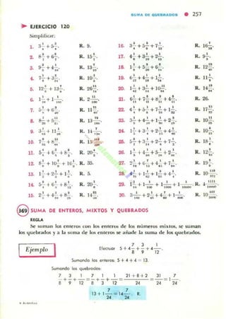 • EJERCICIO .20
Simpli(i(.;lc;
l . 32.. + á.!.-,
• •
R.9. l~ a"!" + s.!.. + 72....• 8 11
R. 1a-!-,...
2. 8.!..+6~., , R. lS!..., 17. 4!.. +32.. + 2.!...6 10 U
R . 0-'-.
•
3. ~ +42...
I '"
R. 13.!....
.. 1& 1.!..+~+6.!...~ 20 l o
R. 1 2~...
4. 72.. + a~.
· "
R. l~.
• lO. ti!.. +?+ l !..,~'l 18 M
R. II!..,
•
5. 1 2~ + la.!.... R. 26~. 20. 1..!...+3.!..+ 1 ~. R. 4~
• • .. u lO .. 1 ,,'
& ]2.. + 1-'- . R. 22!..... 21. ? 7.!.. g.!.+~.11+ ,, + ti 11
R. 26.
' " . tlCI '00
,. ;:;2.. + ti.!.., R. ll..!.! 22 4!.. +~+72..+ 1....!. . R.
M ~o ,,' • B IU n
& ~+5~ .
20 %:.
R. g.2!...1 .00' 23-
I I I I
35 + 47..+ la;¡ + 2;¡. R.
,. 3'!" +1l-' . R. ,,-'-o 24. I!.. + 32.. + 2-'- + 42.., R.
u .. ,•. ~ • I ~ ~
10. 7' +8~ . R. 1- . 0 1
... S.!... +;¡~ + 22.. + 72.., R.
.. t. i) :ao' T U C ,
ll. s' t;! 8·- + - + -,, , . R. 2Q!.., 29.
I I I 1
1- +4- +s-:- + 2-,
.""I~ 'U
R.
12. 8l. + lO!.. + Jlj! .~ ~ .. R. 35. 27. 9 .!.. ~ 4 I 1-~
- I~+ 13+ u+ .... R.
13. I.!.. + 22.. + 12..,~ 1 ~
R. 5. 2& I + 12..+ 1..!.. +4!...
h G:: ti •
R.
1~ s-!- + 6.!.. +8l..
,R. 20-;_ 29. 12.. + 1- '- + .- '- + .- '- .R.l o 100 1001> lOUOV• a 12
15. 2.!.. +4!. +&!-.
~ '" ~l
R. H~.
.. 30. 3-'- + 22.. + 42. + 1- '-. R.100 oS 110 _
@ SUMA DE ENTEROS, MIXTOS Y QUEBRADOS
"c;u
Se suman los Cilleros (011 los t'lIlcrus d e los nú meros mixlos, se suman
los lj ucbrados y a la suma de los enteros se añade la suma d e los qud.or.ldos.
Ejemplo I 7 J I
Efecruar 5 +A- + - + A- .
8 9 12
Sumando los enreros, 5 + A+ 4 = 13.
Sumando k» queb<odos:
7 3 1 7 1 1
- +-+ -=-+- + -=
21 + 8 + 2 JI 7
--='-.8 9 12 8 3 12 24 24
7 7
13 + 1-= 14-. ' .
2A 2A
..,._,....
17.!!.
"l~ .
=
to-!-...18!.,
•
12.!.,
..19~.
•
1~.312
1111
.J""'iiii'i<iI'
10 ~.~
 