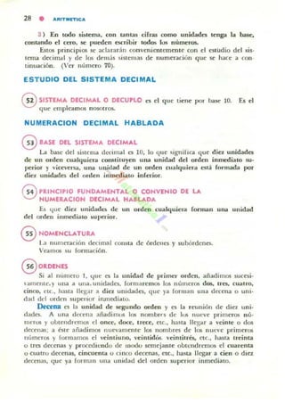 28 • ""ITIUTIC"
3 ) En lodo .!Ii.su:ma, (on tanLU ófJ"a.$ romo unidades lenga la ba.!Ic:,
contando el cero, se pueden e.!ICribir lod05 lus números.
Estos principios se aclarar:ín conVenil"lllemenle con el esludio del sis-
lema decimoll y de los dem,is sislemas de numeraciun que se hace a con-
linuación. (Ver número 70).
ESTUDIO DEL SISTEMA DECIMAL
GSISTEMA DECIMAL O DECUPLO es el que tiene por base lO. Es el
que empleamos n05Ol r05.
NUMERACION DECIMAL HABLADA
@ IASE DEL SISTEMA DECIMAL
La bne del sistema decimal es l O, lo que ~¡gnirica que diel. unidades
de un orden cualquiera constiluyen una ul1idad del orden inmedialo su-
perior y vicn'ersa, una unidad de UI1 orden cualquiera eslá formada por
diez unidades del orden inmediato inferior.
9 PRINCIPIO FUNDAMENTAL O CONVENIO DE LA
IV NUMERACION DECIMAL HAlLADA
Es (lue diez unidadt:li de un orden cualquier... (onnan una unidad
del orden inmediato ~uperior.
@ NOMENCLATURA
La numeración derim;!1 consta de órdenes y subórdeno.
Veamos su formación.
@ ORDENES
Si al númeru 1, '-iu", l'S la unidad de primer orden, añadimos sucesi-
'amente, y ulla a ulla. unidades, fonmlremos los n úmeros dos, trel, cuatro,
cinco, cte., hasta llegu a diez unidades, que )"a forman una decena o uni-
dad del urden superior irunediato.
Decena es la unidad de .segundo orden y es la reunión de diez uni-
dades. A una dl'Cella añadimos los nombrn de 1')$ nueve primeros nú-
meros y oLtendrelllos el once, doce, trece, elC., hasta lIeg-.1r a veinte o dos
decenn; a kle ai'iadimos nuevamente los nombres de los nUC'e primeros
números y lormamos el "eintiuno, ,·eintidtloS. "eintitrés, etc., hasta ereinta
u tres decenas y procediendo de moou semejante oLtcndremos el cuarenta
o Cuatru detenas, cincuenla u ci nco decenas, etc., ha~ta llegar a cien o diez
decenas, que ya form;m una unidad d el o rden su¡x-rior inmediato.
 