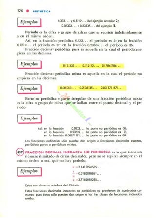 326 • ARfTMlTlCA
Ejemplos I 0.333.. . y 0.1212... del ejempla onterior 2;
OJll333. .. y 0.23535. .. del ejemplo 3.
Periodo es la cifn o grupo de cifru que se repiten indcfinidamenu:
y en el mismo orden.
Asl, 1.'11 la fracción periódica 0.333. .. el periodo a; 3; en la fraCción
U.1212... el periodo nI:!; 1.."11 01 fracción 0.23535... el periodo es 35.
Fracción d«iIllOl  periódica PUB o; ac¡uella en 101 ctlOII el periodo cm·
pieza en 101$ dé<:imu.
Ejemphls I 0 13)333..., OJ 12¡J2•.., 0.17861786...
Fracción decimal periodica mix~ es aquella 1.'11 la cual el periodo no
empiel.1l en las dh:imu.
Ejemplos I 0.08;313... 0.235135... OllOl l71 )171 .. .
Parte no periódica o llarte ¡rregubr de U/lOI I"ucción pc-riúdica mix....
n 101 ellra o grupo de cifras que: ~ ha l!OIu CflU1.' el puntO deümal y el pc:.
riodo.
Ejemplos I
Así, en lo frocción 0.08JJ. .. lo polle no periódico n 08;
en la flacción 0.ZlSJ5... la polte no periódica el 2;
en la I.acción 0.00171171 ... lo parte no periódica el OO.
lal fracdanes ordinoriot. ~o pvedetI cIor origen o tracóones decimalel uoclo>,
peo-.ódk al p41<OI ° petiOdicol mixtas..
ef_ACCIOH DECIMAL INEXACTA HO 'E_'ODleA es 101 que tiene un
. nómao ilimitado de cifras decimales, pero no se repiten siempre en el
1IJ 1~1II0 o rden, o Kili, que nu hay periodo.
Ejemplos I ~ =- 3.104159'26535...
~ = 0.3183098861 ...
•• -= 27182818285...
Estos >an nUmeros notables del Cálculo.
Estos "acciones decimales inuadclI na pe.i6dicos na provienen de qvebrodos co-
munel pues estos sólo pueden dor origen o las !Jes dases de Irocciones indicadol
arriba.
 
