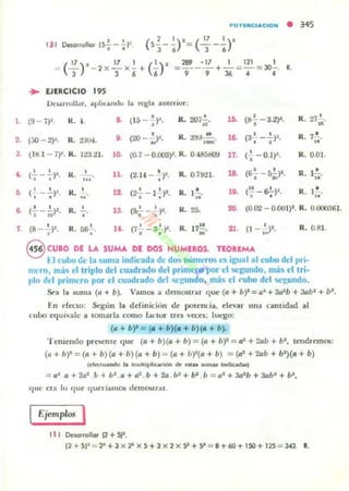 POTlNCIAC:'ON • 3.1;5
131 DewHrollor IS~ - ';'F. (S~-¡r= (1; -~r
289 -17 1 121 I
=- - - + -=-= 30- . R.
9936-4 -4
... EJERCICIO 195
Otowrroltar. aphumtJu la rl'gla anlerlor:
1 (9 - 7)~ R. ·t a. (15 -: )~. •K. 201u ' lO. (~ - 3.2'f.
•
R. 27 I .
D
(20 - ~~. K. 3!t:J...!!.... (3..!.. - .!.)•• •~ (;;O - 2)". H.. 23001. •• la. R. 7
ti.
,- · ,
3. (H:I.l - 7'f. R. 1:l:J.:H. lO. (0.7 - 0.000Y. R. 0.485bOO 17. (1 - 0.1):.
•
R. O.DI.
• ' , n . • R. 0.7"21- la. (6!. - ~r. R. }.!..(-; - ,)~. k . (2.14 - - )2.
'" • · - "
•• ( 1 _ .!.)~. k. 12- (2.!. - 1
1
)1. R., . ~ , . • lO. (I,! _ ~)2.
lO;. , . R. 1• .
"
.. ' , R. ..!... 13. (¡!. - 1)2. K. 25- OO. (OO'.! - O.OOI)I. R. 0.OOO!l61.(_ __)f.
... • . ,
7. (S - ..!..)·. R.~. }f. (7 1
_ 3 1
'f. R. 17!.!. u. (1 _ 1)1. R.0.81.
: . l ' " '"
eCUlO DE LA SUMA DI OOS HUMEROS. nOUMA
1-1 cubo e:e h• .:¡uma indicada dc do-. númerO') es i2ual al cubo del pri-
mtro, mlÍ~ ,-'llriplo del cuadrado del primq9 por ('1 'iCJl:undo. mi.. el tri-
1110 dd primero por el cuadrudo del llii{'J!undo, más el t'ubo del llii{'J!undo.
Seo.. la lIum.. (11 + b). VamOl a dnnmtrar quc (.a + b)' = .aa + 3a1b + 3abl + bl.
En dc.'Cto: St"gun la dchnición dc poecncia, devilr una cantidad al
cuoo e(lu,vale a tomarla como (dCeor trel VceCl. IUl-go:
(.a + b)' = (_+ b)(. + b)(A + b).
Teniendo pr~nlc q ue (IJ + b)(1I + b) = (IJ + b)l = .a2
+ 2tJb + b' . tendremos:
(ti + b)' = (a + b)(.a + b)(a + b) = (.a + 11)J(.a + b) = (~+ 2.ab + bl
)(.a + b)
(daluando la muldph....16n dr ni" ",mal ;ndica<1ü)
= a2
.a+2n" bi h'.a+a1. b+2.a .I,I+b' .h = .a' +3a'b+3ab'+b'.
qm: era lo (Iue (jueriamos demOStrar.
1Ejemplo< I
i 1) De5Of,oIlor (2 +sr.
(2+SI~ = :P+3X 'P X5+3 X2 X9+ 9 = 8+60+ 150+ 125 = 3-43. l.
 