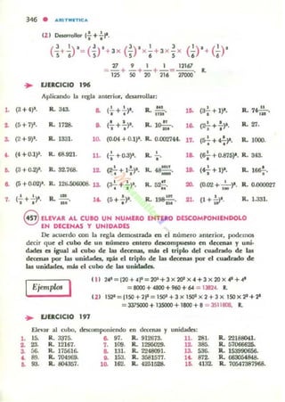 ,.
1
a
~
~
..
7.
346 • A'UTMIT'C A
, ,
tl ) Desarfollot '.+.)1.
(3 ')' ( J) , (3),' 3 (.')' +(,')'5+6 = "5 + 3 x S X¡ + 3 X
SX
'O 9 1 1 12167
= 125+ 50+20+216= '0001:1" R.
... EJU.CICIO 196
Apliomdo la regla anttnor, desanollu:
(3 + 4)&. R. 343- .. (!.. + !..)&
, .' R. -.,~
". (a.;+ 1)1. R..7?
'u
(5+7)'. R.. 1728. .. (: +~>-. R..l~.n.
,.. (~ +.!..)'. R. 27., ,
(2 + 9)'. R. 1331. ,~ (0.04 + 0.1)'. R.. 0.002744. 17. (s-;.+ 4)'· R. 1000.
(4 +0.1)'. R. 68.921. 11. (~ +0.3)'.
,R.,. ,.. (s-¡.+ 0.875)'. R. 343.
(3 +0.2)'. R. 32.768. 11 ' , R. 48..11
,9. (..; + 1)'.
,(2- + 1-)'. R. 16~.. ,
-'(5 +0.02}1. R. 126.506008. 13. (a-!-+ !..)'.. , R. 52" .
'"
,
(0.02 + l. )l. R.. 0.000027
~
, ,(-+-r· R. l ••
1<- (5+:)'. R.l~. .,. (1+~'. R. 1.331., , n' ..,
@ ELEVA'" AL CUlO UN NUMlItO ENT.E~O DESCOMPONIENDOLO
EN DECENAS Y UNIDADES
De acuerdo oon la regla dtmOSlrada en t:I número anterior, podemos
decir que el cubo de un número CIltero detCOmpuctto en dc«nas y unjo
dadCI es igual al cubo de w decenas, mis el triplo del cuadrado de las
d«cnas por W unKbdes, ~ el triplo de w decenas por el cuadrado de
w unidades, mú el cubo de las unid.,teL
E¡emp/m I ( 11 24'= 120+ ..)1 =2()I + J x 2()lI x .. +3 x:20 x ..' + ..'
= 8000 +.(8()() +960 +64 = 1382... R.
(2 ) 1521 =1 150 +2)1= 15()1 +3x 15()2 x 2+3 x 15Ox2l+'-
= 3375000 + lJ5000+ 1800+ 8 = 3511808. R.
... EJlItCICIO 197
Elevar al cubo, docomlxmicndo en decenas y unidadc5:
l . 15. R. 3375. .. 97. Ro 912673. 11. 281. R. 22188041.
2- 23. R. 12161. 7. 'OO. R. 1295029. 11 ,... R. 57066625-
3. 56. A.. 175616- .. 131. A.. 2248091. la 536. R. 153990656.
.. 89. R. 704969. .. 153. R. 3581577. ,..872- R. 6680M848.
•• O!. IL 804357. I~ 162. R. 4251528. 1~ 4132. R. 70547387968.
 
