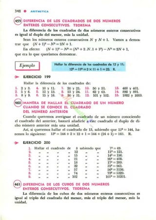 S DIFlUNCIA DE LOS CUADRADOS DI DOS HUMUOS
fHnaOS COHSlCUTIVos. TEOREMA
La diferencia de lo. cuadrados de dOI números enterOl COQIC'CUfil'Ol
es igual al duplo dd menor, más la unidad.
,xan 105 numttOl enteros consecutivos N y N +1. Vamos a demos-
trar que (N+l)1-N'=2N+l.
En ('{eclO: (N+ l)S-Nl =(W+2. N .l+P) -Nl= 2N+1.
que Cl'a lo qUe" qu(!'LamOl dnnostrar.
I Ejempro I
... IJUCICIO 199
HaIof lo cIñI..cia .... Q j J t: .. 12 .. 11.
lP-IP=2xll+I=23. 1.
Hallar la diferencia de 105 cuadrados de:
1. 2 Y 3. t. 10 Y 11. 7. 20 Y 21. lO- 50 Y 61. 18. 400 Y401.
2. 5 Y 6. IS. 12 Y 13. 8. 23 Y 24. 11. 62 Y 63. lt. 890 Y 891.
3. 8 Y 9. &. 15 Y 16. 8. 80 Y 31. 12. 101 Y 102. 16. 1002 Y 1003.
8 MANUA OE HALLAR EL CUADRADO DI UN HUMElO
CUANDO SE CONOCE EL CUADRADO
DEL HUMUO ANTERIOa
CU<lndo qucrcmOl averiguar el cuadrado de un numero conociendo
('1 cuadrado dI:! antaior. basurá añadirle a este ctm:trado el duplo de di-
cho númao anterior más una unichd.
AsI, ai queremOl hallar el cuadudo de 13, sabiendo que 1~ = 144, ha-
remos lo siguiente: Isa = 144 + 2 x 12 + 1 = 144 + (24 + 1) = 16l.1. R.
.. EJERCICIO 200
l . Halln el cuiidndo de 8 ubicndo que .,. = 49.
2. 12 1P = 121.
S. 15 14' = 196-
4. 21 2(P = 400.
11. 18 17' = 289.
6. S2., 3P=961.
7. 57 5f?=3136.
8. 74 731 =5329.
SI. 102 101' = J0201.
8 DIFERENCIA DE LOS CUBOS DE DOS NUMEROS
ENTEROS CONSECUTIVos. TEOIEMA
La diferencia de b cubos de do. nÚffin"08 mlUOll CoruecutiVOl el
igual al triplo cid cuadrado del menor, mis el triplo del menor, nW la
unidad.
 