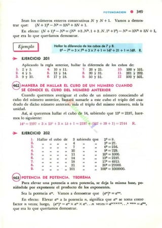 POTOIClAC!OJf • 349
Sean los números cnteros COIlsa:utivOl N y N + l. Vamos a d~os-
tTar quc: (N + 1)' - N' = SfVI + 8N + 1.
En dttto: (N+l)' - Nl=(NI +S.N7. 1+S. N.lz+ll)-N'=8NI+8N+1.
quc con lo quc qutrfamos dC'mosuu.
I Ejemplo I HoIIor lo di....1Cio de 101 aIbo.. 7,.1.
,,-"'=])(1'+3x7+1=I41+21+1=.1•. l.
... EJERCICIO 201
Apliando la regla anterior, hallar la difacnda de" los rubos de:
l. 2 Y a. 4. 10 Y 11. 7. 20 Y 21. lO- 100 Y 101.
2. 4 Y 5. G- 13 Y 1"- a. 80 y 81. 11. 201 Y 202-
S. 9 Y ID. e 17 y 18. i- 50 Y 51. 12 500 Y 601.
9 MANUA DE HALLAR EL CUlO DE UN HUMERO CUANDO
SE CONOCE EL CUlO DEL NUMERO ANTERIOR
Cuando querC'ffios avuiguar C'I cubo dc un número conocicndo col
cubo dC'l númcro antcrior, baaura sumarlc a C'Ite cubo C'I triplo dcl cua-
drado dc dicho número anterior, más d triplo dcl miano número. más la
unidad.
Alf, al quttC'lllOl hallar ,,1 cubo de 14, sabiendo quC' 18- = 2197, harc-
m~ lo siguiente:
14'= 2197 + 3 x la~ t 3 x lJ + 1 = 2197 + fIP +39+ 1)= 274-1 R.
... EJERCICIO ZOZ
l . Hallar el cubo de 8 sabiendo que
2. 4
.. 7
... 10
&. Il •O- 14
7. 18 •O- 31 • •; . .. 101
~ = 8 .
S' = Z1.
6' = 216-
gil = 729.
1(1&= 1000.
IS· = 2197.
17' = 4913-
3()l = 27000.
100' = 1000000.
9 POTENCIA DE POTENCIA. TEOREMA
Para de:va.r UD.1l potencia • otn. poc.eDcia. se deja b miI.ma buc, I-
niéodole por CXpoocolC el producto de lo. cxpooeotca.
Sea la potencia a-. Vamos a dt'l11o«rar que (a-)" = a-o
En efttto: Elntar a- a la pllencia n. signlfica que a- le toma como
factor- n vC"Ces: luego. (a-)- = a- x a- x a-...n VC"CC1I = a_x_x_. ..- _ .. = a-,
que era lo que quttlamos dcmostrar.
 