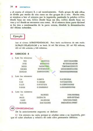 34 • AltlTMnlCA
y el cuano el número S, y asi succsivamenle. Cada gn¡po de IeU cifras
se divide por medio de una coma en dos gn¡pos de a tres. Hecho esto,
se empieza a leer el número por la izquierda, poniendo la palabra trillón
donde haya un ues, billón donde haya un dos, millón donde haya un
uno y mil donde le encueuln: una unna. Si el número tiene parle decimal
se lee esta a continuación de la parte entena. dándole la denomi~ción
del úhimo suborden.
Ejemplo I
~
l .
2.
3.
lee, el nlimero 567843219034234S6.245. Poro leerlo ewibiremos de este modo:
56184:371,903,423,456.245 Y se lee,6: 56 mil 784 billones, 32 mil 90J millones,
423 mil 456 unidodes y 245 milésimos.
UERCICIO 8
LeCT 105 m.imerO$:
'64 84103725 2005724568903
1032 463107105 4Oí 25032543108
l4:W5 9432675321 1240.')6431250172
132>104 9672341 6543 20000020<r0J2002
1030:;43 100001001001 30000003030000000
Leer los números:
o., 0.00014 0-412003056
0.18 0.130046 0.0725631235
0.·U5 0.00107254 Q.432003561003
0.0016 0.10l1000003 0.0000000000500
Leet los números:
G.4 8&00325 1444.4444444
84.25 1512:J4.76 6995.0012545
9.003 84.000a56 72567854.70325
16.0564 184.725tia21 946543216}.(JOOO1
@ CONSECUENCIAS
De lo anteriormente expuesto se deduce:
1) Un numero no varla porque se añadan cerOll a su izquierda, por-
que el valor absoluto y relativo de cada cifra pennanece idéntico.
 