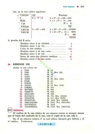 ....IZ cuelc... • 393
Pru~bu'
AsI, ~n la ralz clibia siguiente:
../ 1,953.264 h'¡::25::--...-::.
- 1 3 x J1 = 3
09,53
1 28
2252,64
3 x P x 2 x 100 = 600
3 x l x 21 x 10 = 120
2' = 8
ffi[
- 2 25125 3 x 12" = 432
0001 39
la prueba del i seria:
3 x 121 )( 5 x 100 = 210000
3 x 12 x 51
X 10 = 9000
SI = 125
225125
R~ iduo entre 9 de 195.1264.. _......... _. 3
Residuo entre 9 de 125...... _. . . . . . . . . . . 8
Cu bo d~ Ot~ r~iduo .................. _ 512
R ~iduo entre 9 de ~ tc cu bo . _.... _..... B
Residuoenlre9 d~ 139 ...... . ............ 4
Suma de ClIOS dos últimos rcs.iduos . . . . . . . 12
Residuo entre 9 de N a suma . . . . . . . . . 3
.. lJERCICIO 236
Hallar la rall cúbio. de:
l . 2744. R. 14.
1 125(). R. 10. Res. 250.
a. 5832. R. l B.
... 12167. R. 23.
&. 19103. R. 2G. Res.. 1527.
e.. 91125. R. 45-
7. 912673. R. 97.
a. 186345. R. 57. Ret. 1152.
i . 1030301. R. 101.
lO- 28372625. R. 305.
11. 77308776. R. 426-
a. 181321496. R. 566.
1S. 356794011. R. 70'J. Res.. ;m:n82.
lf. 876532784. K. 9.;7. RCI. 6át!)J.
16. l C103567J8á. R. 1001. Res.. 564184.
16.. 19687432!i009. R. 5817. Res.. 416.'14!IG.
17. 41278242816. R. J456.
18.. 754330668451. R. !)103. Res.. 14132724.
@ TEOREMA
El residuo de la rab CÍlbia de un nLIIOCro entelo es siempre nCnor
que el u-iplo del cuadrado de la raiz, más el triplo de la r..iz, más 1.
Sa A un número entero, N ~u r.aíz cúbica inex<K:til por dcf« to y R
el residuo. T endremos:
A=W+R.
 