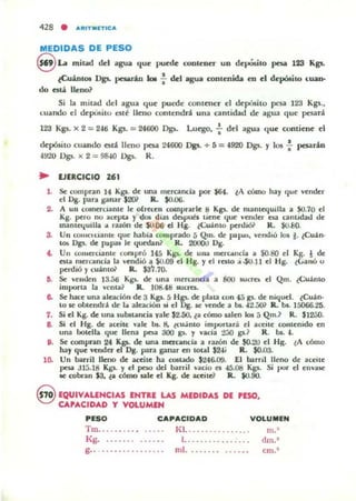 428 • A'UT.nICA
MEDIDAS DE PESO
SUmillltI del agua que puttle roDtener UD depÓ5ito pesa 123 Kgs.
~intot Dgs. pesaran loe f del agua romenida en el depólito luan·
do está lleno?
Si la Illitad del agua que puede oomener el depósito pesa 123 Kgs.,
wando el depOsitu eslé lleno contendr.l. una cantidad de agu:! que: ~ri
123 Kgs. x 2 =246 Kgs. =24600 ~ l.tIcgo,: del agua que contiene el
depósilo cuando está lleno peu 24600 Dgs. + 5 = 4920 Dgs. )' los : petarán
4!rlO Ogs. )( 2 = 9840 Og¡. R.
• lJERCICIO 261
1. Se c:ompran 14 Kgs. de- una mercanda por $64. ¿A cómo hay que ye-nde-r
el Os. pan ganar $W R. $0.06.
2. A un COIOC'fClllnle le- o(re:cen comprarle- 8 K~ de mantequilla a $0.70 c:I
Kg. pC'ro nu ilCC'pU )' dot días daptJh lie-ne- que 'e-ooer oa Glntldatl de:
mantequilla iI l'az60 de .$0.06 el H8. ¿Cuanto pC'rdi& R. $O.f¡{).
a. Un cou'Cloanlc: que habia comprado 5 Qm. de pap<u. ventluJ 101 j . ¿Cu:in.
ICb Dr. de papas le- q~n) R. 2000J Ug.
.. Un comercianle: fOrnpró 145 Kgs. de unll IIlCrOtncJlI II iO.tlO el K8. ! de
nu lI1el'Cllflcia la vendió a $0.09 e-I Hg. )' el realO ;i ,¡o.l1 el Hg. tLanó u
pC'rdió )' cu'mw R.• .$3~.7o.
fI. Se vemlcn 13.50 Kp. de una merGlnda a 800 suct~ e-I Qm. íCuánlO
iruporta la vCnUt? Il. 1()g.4t1 $Uuea.
6. Se hace- una aleación dc 3 KV- 5 HJ'- de pillea con 45 gs.. de- níquel. ¿Cutn-
lo se arnC"ndr.l. de liI alucióu si el 1Jg. 5C "C'nde a bs. 4:.!.OO? R. b•. 15066.25.
7. Si el Kg. de unll subsUtnda rale $2.50.lll cómo .alen 101 á Qm.? R. $1250.
S. Si el Hg. de lIccitf. vlIle bs. So tcu.inlo importar.i el aceite contenido en
una botella que llena peu 300 gl. Y vacla 2JO gs) R. bs. " .
9. Se oompran 24 Kp. de una mucancia a ralón de $0.20 e-I Hg. ~A c6mo
hay que yendC'f el Dg. para ganar en loul $24; R. $0.03.
lO. Un barril lleno de aceite ha COllado $:l46.00. El barril lleno dI': acritr
pesa Jlá.18 Kgs. Y el pew del ~rril vacio ea 45.013 Kgs. Si por el envase
11':; cobran $3. ¿a cómo .ale el Kg. de aceite? R. .$0.90.
S EQUIVALENCIAS ENTRl LAS MEDIDAS DE PESO,
CAPACIDAD Y VOLUMEN
PRO CAPACIDAD YOLUMIN
Tln. . . . . . . .. . ..... KI. . . . . . . . . . . . . .. . 111.'
Kg. . ... _.. .. . ... l. ..... _.. ... .. . . IIm.-
g.. ............... mI. . . . . . .. .•.. . . cm.-
 
