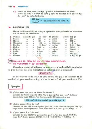( 31 3 litros de led!e peson 3.09 Kgl. tCuól el lo denlidad de lo 1edI~
3 litros de leche = 3 dmS.1 de leche, r como lo densidad el .1 pew en Kg.
de I dm.' de leche, tendremos:
.......3 .....•
.. EJERCICIO 264
Hallar la defUidad de los cuerpc.- siguiemo. comprobando
ron la tabla de deruidades:
l . Platino s;obiendo que
• = .' de pJ;uino 1"""
2. Col,¡,'e 20 ,...,
1 Hierro 30 hierro
•• Diamante O., diamante
,. Corcho 2 dms.- (orcho
• Ctdm 0.05 ,"'ro
7. C.~ho .. 0.01 auc:ho ..B. Looh, 1 litro leche
,. EtC1· 2 d . , ,~
10. CC1"VeLa 3 1, tt~
eHAlLAR EL 'ESO DE UN CUERPO CONOCIENDO
SU VOLUMEN Y SU DENSIDAD
los resullados
172 81
178 ..
23' ..1.4
-0.48 K",.
0.()26
0.00!l3
1.03
14.4 gs.
3 Kg. 60 gs.
Cuando ~ couoa ~I voluntCn d~ un cu~rpo y su dClUidad; pana hallar
su 1>eIO no hay más qu~ multiplicar el mlumeD por la deruidad:
P=f' x D .
SI el olumen ~ cta cms.·, el })nO rnulta ~n gs.: si el volumen se da
cn dm.' , el ~ resulta ~n Kg., y si ~ da ~n m.I , cl peso rnulta en Tm.
IEjemplos I
( 11 ,Cu6nlo peWI uno bono de hierro de aoo Cl'l'l$.1f
Densidad del hocrro, HgUn lo fobia, 7.B, lo que SIgnifico que 1 cm.1 de hierro
peso 7.8 91., !VCQO 800 cml.I de hierro pesorón 800 VKH 001 o seo
8OO~I X 7.Bp. = 6UOp. = &:UKQI. lo
121 tCI6r¡1o peson 5 litrQ!; de ...,no'
Oensidod del "',no O99, lo que Slgnifito que 1 dm.a o seo 1 lil,o de ...ino pe100 0.99 K91.,
luego 5 lilros de ...ono pesca.án 5 ...ecn mós o seo 511. x 0.99 KgI.:= 4.95 1(91. R.
(3 ' tCu!mlo pe$OI'1 B m.' de oi.~
Oensidod del oi,e 0.00129 lo que lf¡¡niflco que 1 m.1 de olfe peso 0.00129 Tm.
Ivego8m.· de oi.e pao.án 0.00129 Tm. Jo< 8 "'- 0.01032 Tm.-= 10.32lCg. R.
 