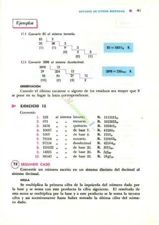 15TUDIO DI DTROS SlnU.AS • 41
Ejemplos I
(1 ) Convertir 85 01 sistemo temono.
B5 L 3
25 281 _3 __
11) [11 ~ 3
lO) ~3_
85 = 10011, 1.
[O) [1)
(2 1 Con~li, 3898 01 lilterno dvodecimol.
~ ~ 12
58 -: LWL 12_
3891 = 2lOou 1.
(10) [O) 131 2
OISbVACIOH
Cuando el último cociente o alguno de los residuos sea mayor que 9
se polle en su lugar la It!lra correspondi,:nte.
• EJERCICIO 12
Convertir.
l . 123 al sistema binario. R. 1l1lOll,.
~ 871 leruario. R. 1012021•.
.. 3476 quinario. R. 102401•.
.. 10087 .. de base 7. R. 412~.
•• 1007 de base 8. R. 1757•.
.. 78564 nonado. R. 128683.-
7. 8i256 duodttimal R. 425b4u
.. 120022 de base 20. R. 1012,0-
•• 14325 de base ao. R. /q/-
10. 86543 de ba§c 32. R. 2)¡g/u.
~ SEGUHDO CASO
Convertir un numero escrito en un sistema distinlo del decimal al
.istema decimal
."""Se multiplica la primera cirra de la iUluierda del número dado por
la base y se suma con esle producto la cifra siguiente. E.I resultado de
esta wma se multiplica por la base y a este producto se le suma la tercera
~ y alÍ sucesivameflle ha5ta haber 5Umado la última cifra -del núme-
ro dado.
 