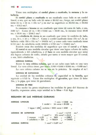 440 • AIIIITMIETICA
Tiene tres rnúhipl05: el cordd plano o cuadrado, la m~ y la ca·
ballena.
[ 1 cordel plano o cuadr.tdo es un cuadrado CU}O lado <."5 un cordel
lineal. o sea. que su lado ·ale 24 varas o 20.3f,2 IIllli.: luego. un cordel plano
tiene N ". x 24 Ys. = ;)16 'S,' y en rns.t su superficie l'$ 20.352 nu. x 20.352
1115, = 414,2 ms,'.
L1 mesana o bnana l'$ un cuadrado que tiene 00 varas de lado, o sea,
3tiOQ vs.t . C.omo líO vs. = 00 x 0.t:I48 nü. = 5O.t!ti nas., la mesana tiene 50.88
I1IS. x 50.88 1m, = 2ü88.1ms.1 •
La c:abaUerla de tierr. es un cuadrado quc tiene IH rorddn de lado,
o sea. II'! c. X ItI c. = :rol., c.t. Como J cordel cuadrado tiene :;1ti vS,' , la ca·
balleria mide 324 x 51ti 's.t = 18fiG24 vs.'. y como cada vara cuadrada ticlle
O,¡U 1115.". la caballería mide 186624 x 0.119 mi." = 1 3"2O'~ Ins.'.
Existen otras dos medidas de superficie {Iue son el corral y el IlaIO.
El corral cs una medida circular ~)ue tiene una legua <.ub.1na de udio.
t't)ui'aliendo a 421 caballeri;u, y el luno es una medida cirnllar (Iue tiene
~ legua) lub.1nas de radio, siendo por tamu 4  a:cs mayor <lue el corral.
o sea, lfit14 caballlTfas.
MlDIDAS CUIICAS
Ex','e la ",.r. cúbic-. cubana, (Iue es un cubo cuyo lado es ulla vara
IlIIeal. La 'ara cúbiCo1 tient'. por lamo. 0.&18 x O.lWtI x 0.&18 nu. = O.tm ms.',
L1 ar,1 d lb lca luballa no se U~ en la práctica. Sc emplea el m.',
MIDIDAS DI CAPACIDAD
La uIIHl1d de las medidas Cllbanas de capacidad es la botella, que
«)uiale d O,7:.!5 Is. Tienc dos Im'¡[lipl05: el g-....nlfón. c¡ue tielle 25 bol~
!las. )' la pipa, IluC tielle 24 garraronl'S.
MIDIDAS DI PISO
P:na TIIl'Clir l(b pesos empkamus las medidas de peso dcJ Sislema de
Castilla. expuestas antes. l:U)'il unidad t'$ la libra = OAfi Kg¡.
RESUMEN DE U.S MEDIDAS CUBANAS
MIDIDAS LINfALU VO,g = O.804e rm.
1 «()I'del = 2" VO!CII = 20.352
•1 legua =:208-i cOfdeles = 5000 VOfgS = 42..0
MIDIDA$ Dl SUPlRFICll I Vg,g: = 0.719 ms.~
1 oord.' = 516 VO,gs: = 4"'.2
1 meKIna = 6.15 ::; 3600 = 2588.7
1 egbglle,Íg = 324 = 186614 = lJ.4202
MEDIDAS CUIICAS
 