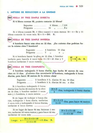 IUGLA DI: TI'lI:S • 523
1. MfTODO DE REDUCCION A LA UNIDAD
S REGLA DE TRES SIMPLE DIlECTA
Si t libros cuettan $8, ¿cuánto costarán 15 libros?
Supu~to .......... 4 libros.... ~. $8
Pregunta ........... 15 ...... $ Jo:
Si 4 libros cuestan $8, 1 libro costar.... vcea menos: sg + 4 = $2 )' 15
libTo& custar.in 15 Vl"~S más. $2 x 15:= $30. R.
8 REGLA DE TUS SIMPLE INVERSA
t hombro hac~n una obra en 12 dias. ¿En cuJntos dias podrían ha·
cer la misma obra 7 hombrts~
Supuesto ..... . 4 hombres 12 t!ln
Pregullta ..... . 7 •
Si .. hombTl"5 hac~ la obra ~n 12 días, 1 hombr~
larebTÍII para hace'rla .. ,",cn"5 nl:s: 4 x 12 = "ti días y 7
humureS (¡Irdarían 7 ,,«es m~mJ$: /'
8 REGLA DE TitES COMPUESTA
48 = ~ d$. R.
7 7
8 hombra trabajando 8 horas diarias han hecho 80 m~tros de una
obra ~n 10 d ías. lCuintOli dlas n«:nitarin • hombres, trabajando 6 horas
diarias, pata hac~r 60 metros d~ la misma obra~
SUPU($lU -', . "
l'r~unta , ... "
a hombres 8 h. diarias SU ms. 10 d ias
5 hombrt"5 6 h, diarias tiU ms. K días
Si 3 hombn:s trabajando 8 horas
diarias han hl'Cho 80 metros ck la aLra
I.'n 10 dlas, 1 hombrc tardará ;J  'CCts
más )' 5 hombres, 5 'cces menos: ~
Si en lugu dI" trabajar ~ hans dia
rías, trabajaran I hora diaria, tarrlarian
g 'I'.O má1 y trabajando 6 hOI-as diarias,
10 x a x 8 dtu" hKer
¡ x • para 80 metroL
lardaTÍan 6 'l'-es mcnos: /'
Si m lugar de hac(r 80 nu. hicieran 1 mc·
lro, tarrlarian tIO ,",cel"5 menos y pan hau:r tiO ms.
lardarían tiO vC'(~ mjs: /'
Luego:
lO x sx8 x 60
K = = 6dias.
5X fi x 80
R.
 