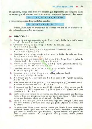 fltELACIOH DE IGUALDAD • 57
.al siguiente, luego cada numero nalUr.a1 que represenl.a un conju m o d.ado
o menor que el mímero que represent.a c:I conjunto siguieme. Por lanto.
0 < 1. 1 < ~ 2<3, 3<4. 4 < 6, etc.
Y combinando O las desigu.aldadts, rtsult.a:
0 < 1 < 2 < 3<4 < 5 < 6<1 .. . .. .
VelTlO5, pues, que los elementos de la ser ie natura l de los numerO!> a·
tán ordenados en orden ascendente.
• lJERCICIO 22
l . Reunir en una $Ola expn.'siún 11 = b, b > e, e> d Y hallu la re/ación entre
Qy d. R. a =ú> c>d;a>d.
2. Combinar 11 == m. JI'! < '1, ,,< P y hallar la relación final.
R. II = m<n<p;a< p.
3, CoIII"'inar 7:> á, 3 = :J, ;¡ >3, a> 2 Y hallar la relaciÓfl rinal.
R. 7 >[,>3=3> 2.7 > 2.
, . CoI11"'"lar x '> y. ~ > p, q= p. 1 > r, y = z y hallar la relación finaL
R. x >y= : > p =I/>'_ x> ,.
6. Reulllr en Ulla wla expn:!ilún e < d, 1.' = " d <1.', / = 8, ¡, >g y hallar la
,clac..:'n linal. R. c< d <I.' = I =g< h; ech.
6. Reu lllr l" l una w la expn-si,;n ú = e, c< d y ti > b. ( Puede hallar la rela·
CI';II ""II C ti )' ui' R . Q > lo = e < d. no.
7. (;olllhin,1I 111 "-" ', P< r¡, ti >'. " >1'. (Hay relación final?
R. IlI _,¡> p <I/ >r; no.
8. Cum ...in¡u x < y. : > y, p>z, a = .Y. ¿H ay relación final?
R. 1J =.~<y< : <p. :oí, ,, < p.
9. , e, ma)'lIf 'Iue H, U e, ma)'or que F y 8 es igual a D. ¿Quién ~ mayor,
A o F? R. A,
10. jo.( c, IIlell...1 'Iue N. l' es igual a Q. l' es ma)or <¡ue N y Q ~ menor que S,
¿Cómo O M COII rcla(lóll a!? R. fU <~.
11. ¡ es "'.1)"'1 'IUl' H, [) e~ "':I)'Ur <¡ue E, H e$ igual a 1, H e5 menor <¡ue F,
F e. Igual a 1:.., C es lUCilO! <¡lIe 11 )' O l'5 igual a C, ¿Cómo 1.."5 A con
rda<:I"" a I? R. A > l .
12. CarlUlt lhce a UII .I1111!;...: Yo !oOy ma)'or ¡¡ue tu, tu eres mayor que Enrique,
"edlu )' JUdll )1'" JIIII.ll;ua. , ~ , h.l t.'li llla ~ jo..en <¡ue J uan y Pedro n má!i
JII'ell 'Iue lllll'lue, .Cual l-S el mayor? R. Carlos.
13. ['elhu t:$ tIIa~ .Ihu 'lile Juan, Q"IOo m¡Í,§ "'ajo (I"e Enri'Jue, CarlO/i más
.Ih u qUl' Rul,)(:lI... )' LllrIt¡ue mas ...,¡jo <¡ut: Jua n, ¿Quién a el m;i. aho?
R. Pnlro,
1,.. En ull l'''.,men R~,I oh(u~'u "'''"OS puntos que Maria. Laura mellOli que
Edehuira, NOt!IIIl igual <¡ue SMa, R~ más que Cannelina, Laurd igual
<¡ue :"l Iaría y NOt!llIi m ~s tille Eclclmir... ~ Quién 0"'111"0 más punt05 de
todas )' 'Iuié n ml'II05? R. Ll.is plllltO/i Sara y Nucmi ; menos puntr»
Carmelina.
 