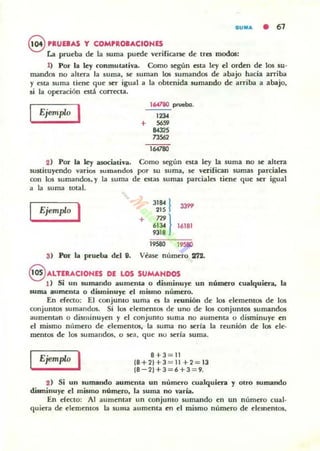 8 'RUElAS y COMPROBACIONES
La prueba de la suma puroe verificarse de trn modos:
1) Por la ley conmutativa. Como según nta ley el orden de los su-
mandos no altera la suma, se suman las sumandos de abajo hacia arriba
y esta suma tiene que $<tT igual a la obtenida sumando de arriba a abajo.
51 la operación está correcta.
Ejemplo I 1W80 prueba.
123<
• 5659
B""73S62
'''''''2) Por la ley asociativa. Como según esta ley la suma no se altera
sustituyendo varios sumandos por Su suma, ~ verifican sumas parciales
con los sumandos. y la suma de ntas sumas parciales tiene que ser igual
a la suma toul.
Ejemplo I +
311M I
215 f
m)"'.9318
"""
16181
,,'"3) Por la prueba del 9. Véase núm<C'fO 272.
§ ALTE.....CIOHIS DE LOS SUMANDOS
1) Si un sumando aumenta o disminuye un número cualquitta. la
suma aumenta o disminuye el mismo numero.
En efecto: El conjumo suma es la reunión de 10$ e1emem05 de los
conjuntos sumandos. Si los elementos de uno de 10$ conjuntos sumandos
aumentan o disminuyen y el conjunto suma no aumenta o disminuye en
el mismo nLlmeTO de elementos. la suma no serIa la reunión de los de·
mentos de los sumandO$, o sea, que no seria suma.
I Ejemplo I 8+3 = 11
18+21+3 = 11+2 = 13
18-2)+3 = 6+3 = 9.
2) Si un sumando aumenta un numero cualquinol y Olro sumando
disminuye el mismo número, la suma no varia.
En ereclO: Al aumentar un conjunto sumando en un número cual·
quiera de elementos la suma aumentil en el mismo númeTO de elementos.
 