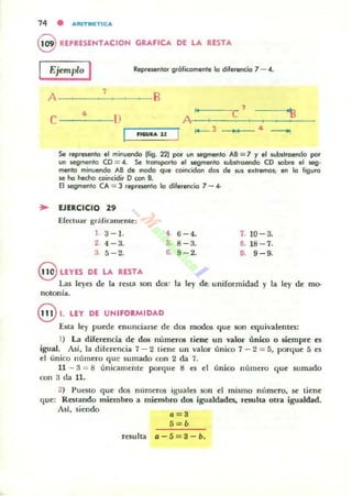 14 • IIIRIT""lTICIII
@ REPRESENTACION GRAFICA DE LA RESTA
Ejemplo I Representar grófitamente la diferenc;ia 7 - -4.
7A ______
•c--- O
B
~ I
7
A
e, il
I ..8U1lA U
I
..- 3 -~ .--..
Se representa el minuendo (ftg. 221 por un w;gmento AS = 7 Y el substraendo por
un segmento CD = -4. Se tran~porta el &egmenlo wbslraendo CD sobre el seg.
mento minuendo AS de modo que coincidan dos de Wl eMlremas; en la figura
se ha hecha coincidir O con B.
El segmenta CA = 3 repreMInla la diferencia 7 - ...
.. EJERCICIO 29
Efectuar gr¡Hicameme:
1. 3 -l.
2. 4 -3.
3 5 - 2.
4. 6-4.
5. 8-3.
6. 9 - 2.
7· 10- 3,
8. 18 - 7.
9. 9-9.
8 LEYES DE LA RESTA
Las lel'es de la rOL"l son dos: la le)' de uniformidad l' la le)' de mo-
notani•.
8 1. LEY DE UNIFORMIDAD
Esta ley puede enunci:arsc de dos modos que son equivalentes:
1) La diferenci. de dos números tiene un wlor único o siempre es
igual. Así, la dilerencia 7 - 2 tiene un valor único 7 - 2 = 5, porque 5 es
el único número que sumado (on 2 da 7.
11 - 3 ::;: 8 únicamente porque 8 es el único numero que sumado
(on 3 da 11.
2) PuestO q ue dos numeros iguales son el mismo número, se tiene
q ue: Restando miembro a miembro dO:!! igualdades. resulta otrd iguaJdad.
Asl, siendo
resulta •
a=3
5= b
5 -S- h.
 