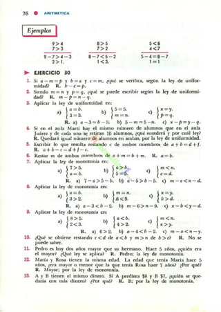 76 • ARITJIIIfTICA
IEjemp"" I
9><
7>3
9-7>4-3
2 > 1.
8>5
7>2
8 - 7<5 -2
.<,
5<8
«7
5-4-8-7
1 = 1
.. EJERCICIO 30
1. Si o - m = p y b "'" o y e = m. l<¡ué 5e verifica, scg11n la ley de unifor·
midad? R. b - c=p.
2. Siendo m = n y p= q. ¿que se puede escribir $C8Ún la ley de uniformi-
dad? R. m - p = n - q.
8. Aplicar la ley de uniformidad en:
.) " = b. b) 1' = 5. <) x =y.
p =3. lm = n. lP = q·
R. a) 0-3=b - 3. b) 5-m = 5 - n. e) x-p =y- q.
.. Si en el aula Marlí hay el mismo numero de alumnos que en el aula
Juá~z y de (;Ida una se retiran 10 alumnos, ¿<¡ué sucederá y por cuál ley?
R. Quedará igual número de alumnos en amOas. por la ley de uniformidad
IS- EKribir lo que resulta restando e de ambos miembros de 0+ b = d +f.
R. a+b -c= d+l - c.
6. Restar m de ambos miembros de el + m = b + m. R. ti = b.
7. Aplicar la ley de monotonía en:
a 17 >5. b) ¡O > b. e) jm<n.
) lo = b. 5 = 5. lc = d.
R. a) 7-0>5-b. b) 0-5>b-5. e) m-c<n-d.
a. Aplicar la ley de monotonía en:
a 10=b. b) 1m=n. e) jx =y,
) tJ>2. l.6<9. b>d.
R. a) 0 - 3<b - 2. b) m-6>n - 9. e) x-b<:y-d.
a. Aplicar la ley de monotonla en:
10.
11.
,2.
'3.
.) 18 >5. b) jO<b. e) ¡ m< n.
2<3. 4>2. x>y.
¿Qué se obliene
puede saber.
R. a) 6>2. b) 0 - 4<b - 2. e) m - x<n-y.
restando c<d de a<b y m>n de b>c? R. No ~
Pedro es hoy dos ai'los mayor que su hermano. Hace 5 afiO$, lquién era
el mayor? lQué ley le aplica? R. Pedro; la ley de mOl'lOlOnla.
Maria y Rosa tienen la misma edad. La edad que tenía María hace 5
anos, ¿era mayor o menor que la que tenia Rosa hace 7 año!;] lPor qué?
R. Mayor; por la ley de monotonía.
A y B tienen el mismo dinero. Si A perdiera lB y B $7, ¿quién se que-
daría ron m:h dinero? ¿Por qué? R. B; )XlI' la ley de monOlonl;l.
 