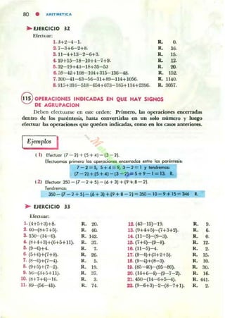 80 • AAITlIIlTIC '"
.. EJERCICIO 31
Efectuar:
l . :1+i- 4- 1.
2. 7-3+6-2+8.
3. 11-4+1:1- 2-6+3.
~ 19+15- 18- 10+4-7+9.
e. 32-19+4:.-18+35-53
6. 59-42+108- 104+315-136-48.
1. 300-41-63-[,6-31+89-114+1056.
8. 91:-'+:116-518-6[,4+673-185+ 114+2300.
R. O.
R. 16.
R. 15.
R. 12.
R. 20.
R. 152.
Ro 1140.
R. 3057.
@ O'U.ACIONIS INDICADAS IN QUI HAY SIGNOS
DI AGRU'ACION
Debt:n ch."ClUarst: en este orden; Primero, las operaciones enunadas
denlrO de los paréntesis. hasta convertirlas en un solo número f luego
erecluar las operaciones que queden indiGKlas, como en los casos aDlerioTel.
Ejemplos I
( 1) Ef~tuor (7-21+(5+-1)- 13 - 2).
Ef~tuomol primero 101 ~ociQfel en(,modc'll O!f1tre los porentesik
7-2 = 5,5+-1 = 9, 3-2 = 1 Y lendr_
11-2'+15+4'-13-2)-_ 5+9-1=11 L
111 E'~luor 35O-{7 - 2+5)-16+3]+19+8-2].
TO!f1d,ernol<:
350-17 - 2 + 5) - (6+ 31 + 19 + 8 - 21= 350-10- 9+ 15 = 346 R.
~ EJERCICIO 33
E[cctuar:
1. (4+S+:J)+8. R. 20. 12. (43-15)-19. R.
2. 60-(8+7+5). R. • fi 13. (9+4+5)-(7+3+2). R.
S. I00-(14-6). R. 142- U . (11-5)-(9-:J). R.
t. (1:1+4+3)+(6+5+11). R. :n. 16. (7+6)-(9-8). R.
D. (9-6)+4. R. 7. 16. (1l- 5)-4. R.
a. (5+6)+(7+8). R. 26. 11. (9-4)+(3+2+5). R.
7. (~-¡;)+(7-4). R.
•• 18. (9-4)+(8-3). R.
8. (9+5)+(7-2). R. 19. 19. (85-40)-(95-80). R.
9. SU-(H5+11). R. 37. 20. (14+6-4)-(9-7-2). R.
9.
6.
O.
}2.
2-
l ~
10.
30.
16.
10. (8+7+4)-16. R. 3. 21. 450-(14-6+5-4). R .44I.
11. 89-(56-41). R. H. 22. (9-6+3)-2-(8-7+1). R. 2-
 