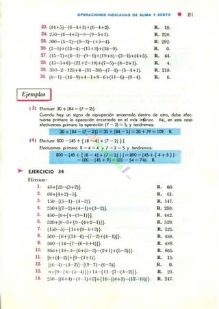 OPERACIO..ES I..OICAOAS OE SUMA'" RESTA • SI
23. (14+::')- (6- 4+3)+'(6-4+2).
24. 2::.D-(6-H::')-M-(!.I- 5+:I).
2&. JOO-(á-2)- (9- :l)-(+5-4).
26. (7- 5)+(13- 4)-(lí+:J)+(18-9).
27. ( lá-7)+(6-1)-(!1- 6)+(1!IHI)-(3-1)+(4+5).
28. (13-:-i+6)-(21+2- 18)+(7-5)- (8- 2+t).
29. 3."10-2-125+4-(31-30)-(7- 1)-(5-4+1).
30. (tI- I)-(16- 9)+4- 1+9- 6+(11 - 6)- (9-4).
R . 18.
R.228.
R.292.
R. O.
R. 4-1.
R. 4.
R. 218.
R. 6.
Ejemplos I
•
( 31 Efeduor 30 +[84 - [7 - 211.
Cuando hoy un ligno de agrupación encerrado denlro de airo, debe efec·
tuarse pri....ero lo operación encerrado en el /lIÓ¡ in;erior. Asi. en este COID
efectuamos primero lo operación [7 - 2) = S. y tendremos:
3O+[8f '1-211 30+114 SJ = 30+79=l09 1.
(4 ) Efectuor 8OO - 14S + ~18 - 4 )+1 7 - 2J H
Electuomos primero 8 - 4 = 4 Y 7 - 2 = 5 Y tend.emos:
1KJO-14S+ ~ 18 - 41 + 17- 21 tI = 800-145 +~ 4 + 5 t,
= tiIOO - 145 + '1 .= 600 - S4 = 746. 1.
EJERCICIO ..EfttlUar;
,. iO+[25- (3+2)]. R. "'-
2. 00+ [4+2)-5]. R. 61.
3. ).'-.o- [(5-1)- (..-:I)J. R. 1"7.
•• 250+((7- 2)+(" - 1)+(:I-2)J. R.2M.
,. 45O-fli+~ 4- (:1-1) ~]. R. 442.
6- 520+[ti-3+i ~J-(4+2- 1) ~J. R.529.
1. ( 1 j()-;j)-~ IH(!I-ü+an . R. 125.
6- 5OO-~ HU 14- 6)-(í -2)+(4- 1)] t· R. 4!)!:1.
,. 5UO- l l4.-[7-(6-5H)J~. R. 4!18.
10. 856+~ 19-3-[1i+(.)- 3)-(2+1)+(5- 3)J •. R .865.
11. [t:i+(4- 2)]+[9- (:H 1)]. R. 15.
12. H6--{)-(:I-2)]-«9-7)-(6-á)]. R. o.
13. :"I... [!J- { fi- (,j- " ) ~J+ H -~ 11 - 17- (3- 2)j t· R. 21-
lt. 2:;O-(6H)-(;I- I )+2]+~ 1 6-{(rl+3)-( 12- I O)]~. R. 247.
 