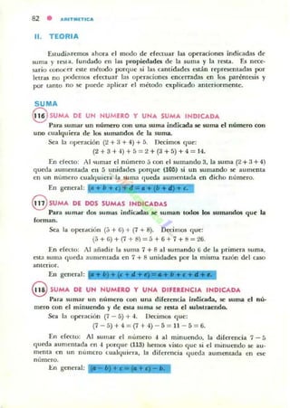 82 • A IIUTMlTICA
11. TEORIA
E!iludi:>OH~mos anOTa el modo de efectuar 135 operaciones indicadas de
suma y reSla. fundado en las propiedades de la suma y la resta. Es neceo
sario conocer este método porque si las cantidades están representadas por
lelr35 no podelllos e{(.'(:tuar las operaciones encerradas en los p3rémC$is y
por tamo no se puede aplicar el método explicado anteriormente.
SUMA
8 SUMA DE UN NUMERO Y UNA SUMA INDICADA
Pard sumar un numero con una suma indicada se suma el numero con
uno cualquierd de los sumandos de la suma.
Sea la operación (2 + :1 + 4) + 5. Decimos que:
(2 + 3+ -t) + 5 =2 +(3 +5)+4 = 14.
En efecto: Al ~umar el número 5 con el sumando 3, la suma (2 + 3+ 4)
queda aumentada en [) unidades porque (105) si un sumando se aumenta
en un número cualquiera la suma (Iuroa aumentada en dicno numero.
En general: _+ +~ _.+
8 SUMA DE DOS SUMAS INDICADAS
Para ,umar dos sumas indiatdas se suman lodos los sumandos que La
forman.
Sea la operdcion (;l + 6) + (7 + 8). Decimos que:
(5 + (i) + (7 + 8) =:; + 6 + 7 + ti = 26.
En efecto: Al añadir la suma 7 + 8 al sumando 6 de la primera suma,
ena suma queda aumentada en 7 + 8 unidades por la misma razón del caso
anterior.
En general:
8 SUMA DE UN NUMERO Y UNA DIFERENCIA INDICADA
Para sumar un número con una diferencia indicada, se suma el nú'
mero con el minuendo 'J de eslJl SUffilI se resta el sulJstraendo.
Sea la operación (7 - 5) + 4. Decimos que:
(7 - 5) + 4 = (7 + 4) - :; = 11 - 5 = 6.
En efecto: Al sUlllar el número .. al minuendo, la diferencia 7 - :i
queda aumentada en .. porque (HS) hemos visto que si el minuendo se au.
menta en un numero l ualtjuicr-a, la diferencia queda auml"fltada en C$~
numero.
En general:
 