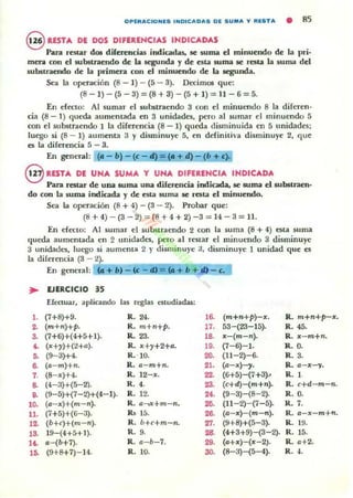 OPERACIONES INDICADAS DE 5U"'A y RE5TA • 85
8 USTA DE DOS DIfERENCIAS INDICADAS
PaTa restar doe dife~ncias indicadas, se suma el minuendo de la pri-
mera con el substraendo de la segunda y de esta suma se resta la suma del
substraendo de la primaa con el minuendo de la segunda.
Sea la operación (8 - J) - (5 - 3). Dttimos que:
(8 - J) - (5 - 3) = (8 + 3) - (5 + 1) = 11 - 6 = 5.
En d«to: Al sumar el substraendo 3 con el minumdo 8 la diferen·
cia (8 - 1) queda aument.ada en 3 unidades, pero al sumar el minuendo 5
con el substraendo 1 la diferencia (8 - 1) queda disminuida en 5 unidades;
luego si (8 - 1) aumenta 3 y disminuye 5, en definitiva disminuye 2, que
es la diferencia 5 - 3.
En ~nenll: ( - )-(c- = d)-(b+c
@ RESTA DE UNA SUMA Y UNA DIFERENCIA INDICADA
Para restar de una lUma una dife~cia indicada, se suma el substraen·
do con la suma indiada y de esta suma se resta el minuendo.
Sea la operación (8 + 4) - (3 - 2). Probar que:
(8 + 4) - (3 -2) = (8 +4 + 2) -3 = 14 - 3 = 11.
En efecto: Al sumar el substraendo 2 con la suma (8 + 4) esta wma
queda aumentada en 2 unidades, pero al reslar el minuendo II disminuye
3 unidades, luego si aumenta 2 )' disminuye ;J, disminuye 1 unidad que es
la diferencia (3 - Z).
En general: (a:+b)-(c-d)= +b + -c.
• EJERCICIO 35
Electuar. aplicando las reglas estudiada¡:
1. (7+8)+9. R.24. 16. (m+n+p)-x. R. m+n+p-x.
Z (m+n)+p. R. m+n+p. 17. 53-(23-15). R. 45.
~ (7+6)+(4+5+1). 1<. 23. 18. x-(m-n). R. x- m+n.
~ (x+y)+(2+4 R. x+y+2+0. 19. (7-6)-J. R. O.
~ (9-3)+4. R. 10. 20. (Il-2)-6. R. 3.
~ (o- ".)+n. R. o- m+n. 21. (tI-x)-,. R. tI- x--')l.
,. (8- x)+4. R. 12-x. 22. (6+5)-(7+3).. R. l .
~ (4- 3)+(5-2). R.4. 23. (c+d)-(m+n). R. c+d-m-n.
•• (9-5)+(7-2)+(4- ]). R. 12. 24. (9- 3)-(8-2). R . O.
10. (tI- x)+(m- n). R. a......x+rn- n. 2t>. (11-2)-(7-5). R. 7.
11. (7+5)+(6- 3). R. 15. 26. (tI-x)-(m-n). R. tI- X-m+fl.
1Z (Hc)+(m- n). R. b+c+m-n. 27. (9+8)+(5-3). R. HJ.
13. 19-(4+5+1). R.9. 28. (4+3+9)-(3-2). R. 15.
1~ a- (b+7). R. a- b- 7. 21>. (tl+x)-(x-2,. R. 0+2.
1~ (9+8+7)- 14. R.lO. 30. (8-3)-(5-4). R . 01.
 