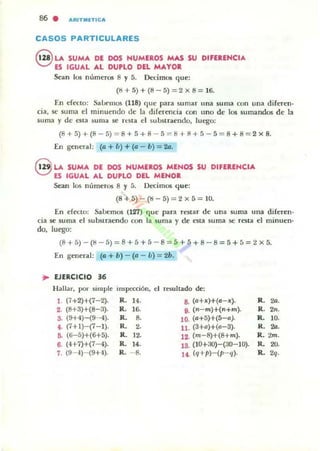 B6 . ARITMHICA
CASOS PARTICULARES
eLA SUMA DE: DOS NUMEROS MAS su DIFERENCIA
E5 IGUAL AL DUPLO DEl MAYOR
Sean los números S y S. Decimos q ue:
(1:1+ 5)+ (8-5) = 2 x S= 16.
F.n efecto: SaLf.'mos (118) 'lue para sumar nna suma con una d iferen·
cia. se suma el minuendo de la difert'rlcia con uno de los sumandos de la
suma y dt, esta ~uma se r~ta el substraendo, luego:
(S + 5) + (S - 5) = S + 5 + 8 - 5 = ti + S + 5 - 5 =S + 8 =2 x S.
En general: (a + IJ) + (a - b) = 2G.
B LA SUMA DE DOS NUMEROS MENOS SU DIFERENCIA
ES IGUAL AL DUPLO DEL MENOR
Sean los números S y 5. Oecimos que:
(S + S) - (ti - 5) = 2 x 5 = 10.
En efecto: Sabemos (127) q ue para restar de una suma una diferen·
cia se suma el substraendo con la suma y de esta suma se resta t'I minuen·
do, luego:
(S+S) - (8 - 5)=S+5+5-S = 5+ 5+8 -S =5+ ~=2X5.
[n general: (a + b) - (a - b) =2b.
Jo EJERCICIO
••Hallar, por simple mSp«:ci6n. el resultado de:
1. (7+2)+(7-2). R. 14. S. (o+:o:)+(a-:o:). R.
"'.2. (S+3)+(8-3). R. l. 9. (n-m)+(n+m). R. 2n.
3. (9+4)-(9··4). R. 8. 10. (0+5)+(5-a). R. 10.
4. (7+ 1)- (7-1). R. 2. 11. (3+a)+(a-3). R. 2D.
5. (6- 5)+(6+5). R. 12. 12. (m-8)+(S+m). R.2m.
6. (4+7)+(7-4). R. 14. 13. (10+:10)- (30- 10). R. 20.
7. (9- .1)- (9+4). R. - S. 14,. (q+P)-(P- '1)· R. 2q.
 