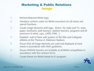 Marketing & Public Relations
Image
1. Refresh/Rebrand BAAA logo.
2. Introduce uniform codes for BAAA executives for all meets and
special functions.
3. Create image elements with logo, theme for radio and TV, news
paper, brochures, pole banners, stadium banners, programs and all
premiums (t-shirts, caps, LAPEL PINS ..)
4. Establish wall of fame with posters of the Elite and Collegiate
athletes at the Thomas A. Robinson Stadium.
5. Ensure that all image elements are used and displayed at track
meets in accordance with IAAF guidelines.
6. Ensure ADIDAS banners are available at all BAAA competitions in
accordance with the contract terms.
7. Create theme for BAAA linked to it’s program.
8.
05/15/14BAAA's 2012 - 2016 Strategic Draft 21
 