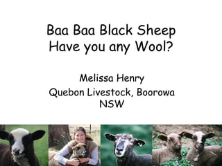 Baa Baa Black Sheep
Have you any Wool?

     Melissa Henry
Quebon Livestock, Boorowa
          NSW
 