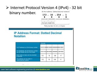  Internet Protocol Version 4 (IPv4) - 32 bit
binary number.
 