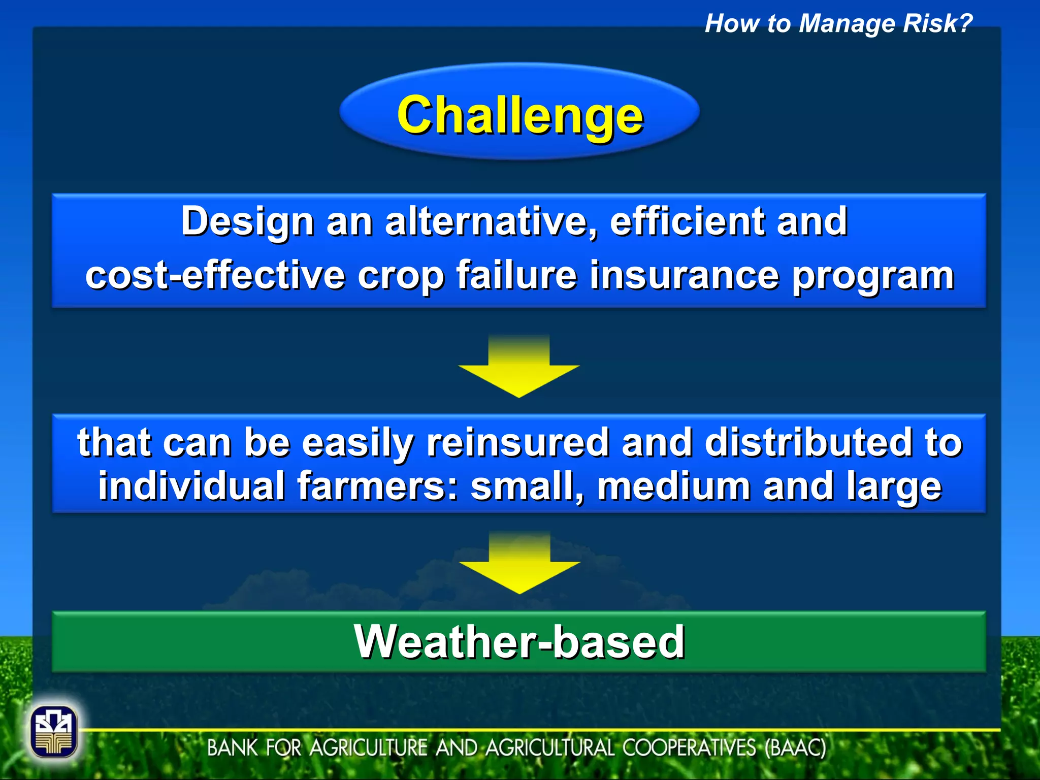 How to Manage Risk? Design an alternative, efficient and  cost-effective crop failure insurance program Challenge that can be easily reinsured and distributed to individual farmers: small, medium and large Weather-based 