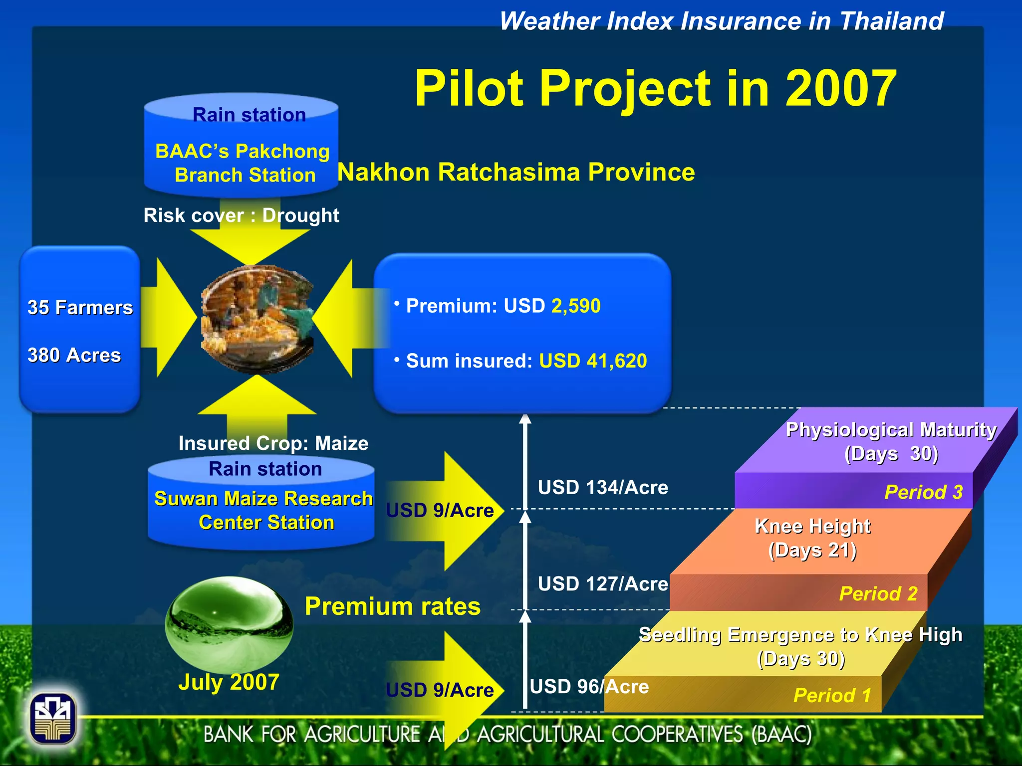 Period 3 Period 2 Period 1 Premium rates Seedling Emergence to Knee High (Days 30) Knee Height (Days 21) Physiological Maturity (Days  30) USD 96/Acre USD 127/Acre USD 134/Acre BAAC’s Pakchong  Branch Station Suwan Maize Research  Center Station 35 Farmers 380 Acres Premium: USD  2,590   Sum insured:  USD 41,620  July 2007 Risk cover : Drought Insured Crop: Maize Rain station Rain station Nakhon Ratchasima Province   Pilot Project in 2007 USD 9/Acre USD 9/Acre Weather Index Insurance in Thailand 