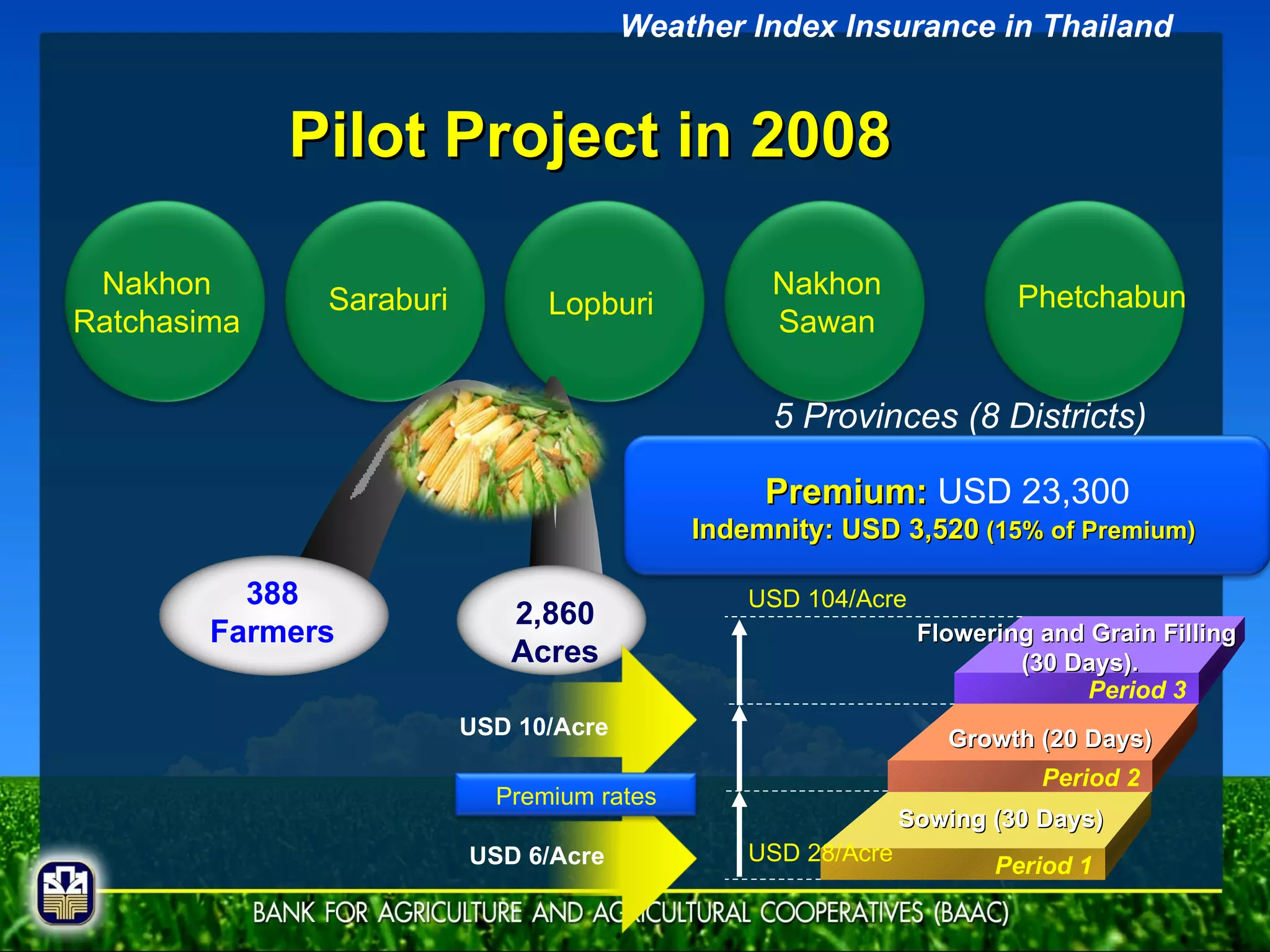 2,860 Acres 388 Farmers Sowing (30 Days)  Growth (20 Days)  Flowering and Grain Filling  (30 Days).  USD 28/Acre USD 104/Acre Nakhon Ratchasima Lopburi Saraburi Nakhon Sawan Phetchabun 5 Provinces (8 Districts) Pilot Project in 2008 Weather Index Insurance in Thailand USD 10/Acre USD 6/Acre Period 3 Period 2 Period 1 Premium:  USD 23,300 Indemnity: USD 3,520  (15% of Premium)   Premium rates 