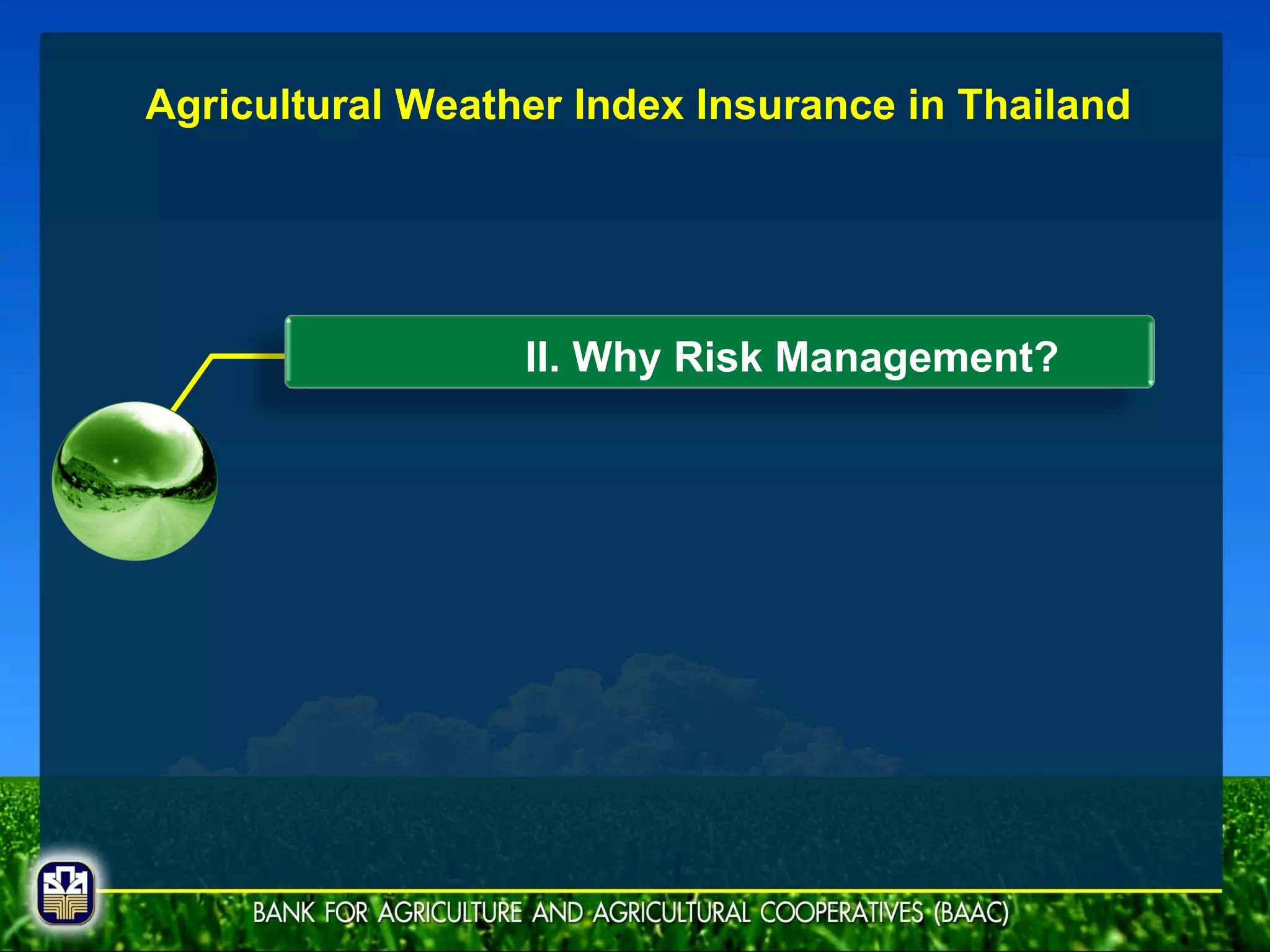 II. Why Risk Management? Agricultural Weather Index Insurance in Thailand 