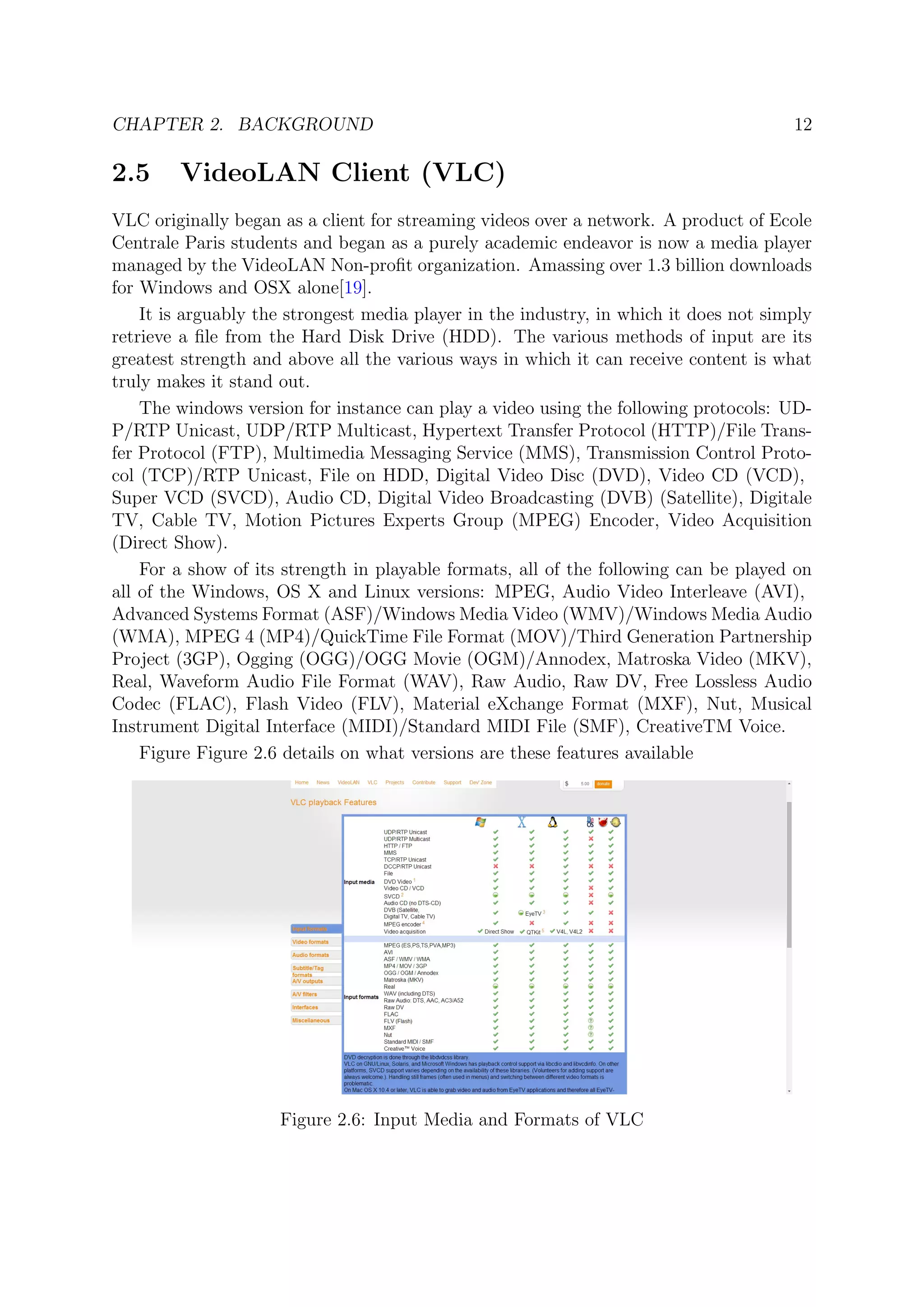 CHAPTER 2. BACKGROUND 12
2.5 VideoLAN Client (VLC)
VLC originally began as a client for streaming videos over a network. A product of Ecole
Centrale Paris students and began as a purely academic endeavor is now a media player
managed by the VideoLAN Non-proﬁt organization. Amassing over 1.3 billion downloads
for Windows and OSX alone[19].
It is arguably the strongest media player in the industry, in which it does not simply
retrieve a ﬁle from the Hard Disk Drive (HDD). The various methods of input are its
greatest strength and above all the various ways in which it can receive content is what
truly makes it stand out.
The windows version for instance can play a video using the following protocols: UD-
P/RTP Unicast, UDP/RTP Multicast, Hypertext Transfer Protocol (HTTP)/File Trans-
fer Protocol (FTP), Multimedia Messaging Service (MMS), Transmission Control Proto-
col (TCP)/RTP Unicast, File on HDD, Digital Video Disc (DVD), Video CD (VCD),
Super VCD (SVCD), Audio CD, Digital Video Broadcasting (DVB) (Satellite), Digitale
TV, Cable TV, Motion Pictures Experts Group (MPEG) Encoder, Video Acquisition
(Direct Show).
For a show of its strength in playable formats, all of the following can be played on
all of the Windows, OS X and Linux versions: MPEG, Audio Video Interleave (AVI),
Advanced Systems Format (ASF)/Windows Media Video (WMV)/Windows Media Audio
(WMA), MPEG 4 (MP4)/QuickTime File Format (MOV)/Third Generation Partnership
Project (3GP), Ogging (OGG)/OGG Movie (OGM)/Annodex, Matroska Video (MKV),
Real, Waveform Audio File Format (WAV), Raw Audio, Raw DV, Free Lossless Audio
Codec (FLAC), Flash Video (FLV), Material eXchange Format (MXF), Nut, Musical
Instrument Digital Interface (MIDI)/Standard MIDI File (SMF), CreativeTM Voice.
Figure Figure 2.6 details on what versions are these features available
Figure 2.6: Input Media and Formats of VLC
 