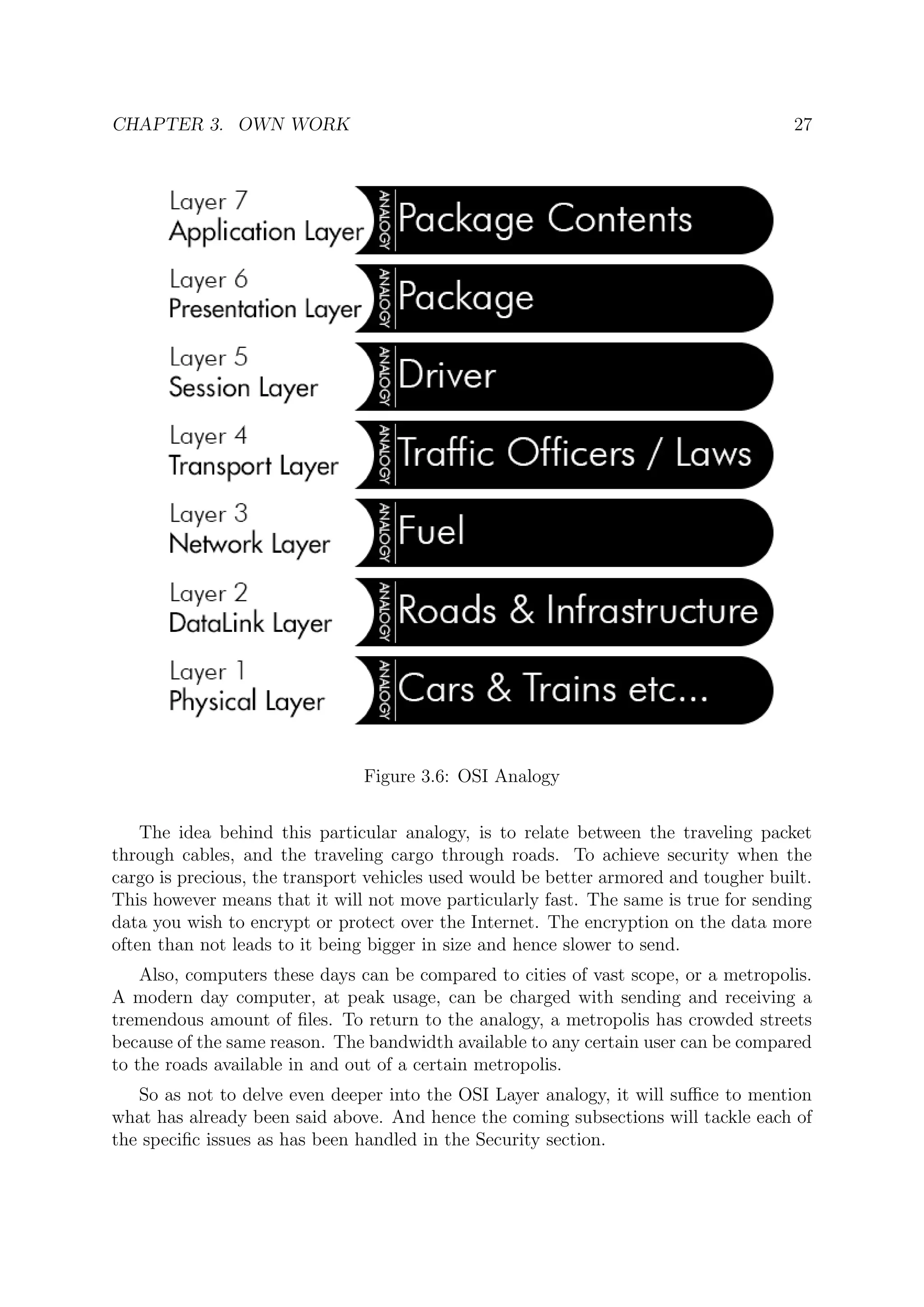 CHAPTER 3. OWN WORK 27
Figure 3.6: OSI Analogy
The idea behind this particular analogy, is to relate between the traveling packet
through cables, and the traveling cargo through roads. To achieve security when the
cargo is precious, the transport vehicles used would be better armored and tougher built.
This however means that it will not move particularly fast. The same is true for sending
data you wish to encrypt or protect over the Internet. The encryption on the data more
often than not leads to it being bigger in size and hence slower to send.
Also, computers these days can be compared to cities of vast scope, or a metropolis.
A modern day computer, at peak usage, can be charged with sending and receiving a
tremendous amount of ﬁles. To return to the analogy, a metropolis has crowded streets
because of the same reason. The bandwidth available to any certain user can be compared
to the roads available in and out of a certain metropolis.
So as not to delve even deeper into the OSI Layer analogy, it will suﬃce to mention
what has already been said above. And hence the coming subsections will tackle each of
the speciﬁc issues as has been handled in the Security section.
 