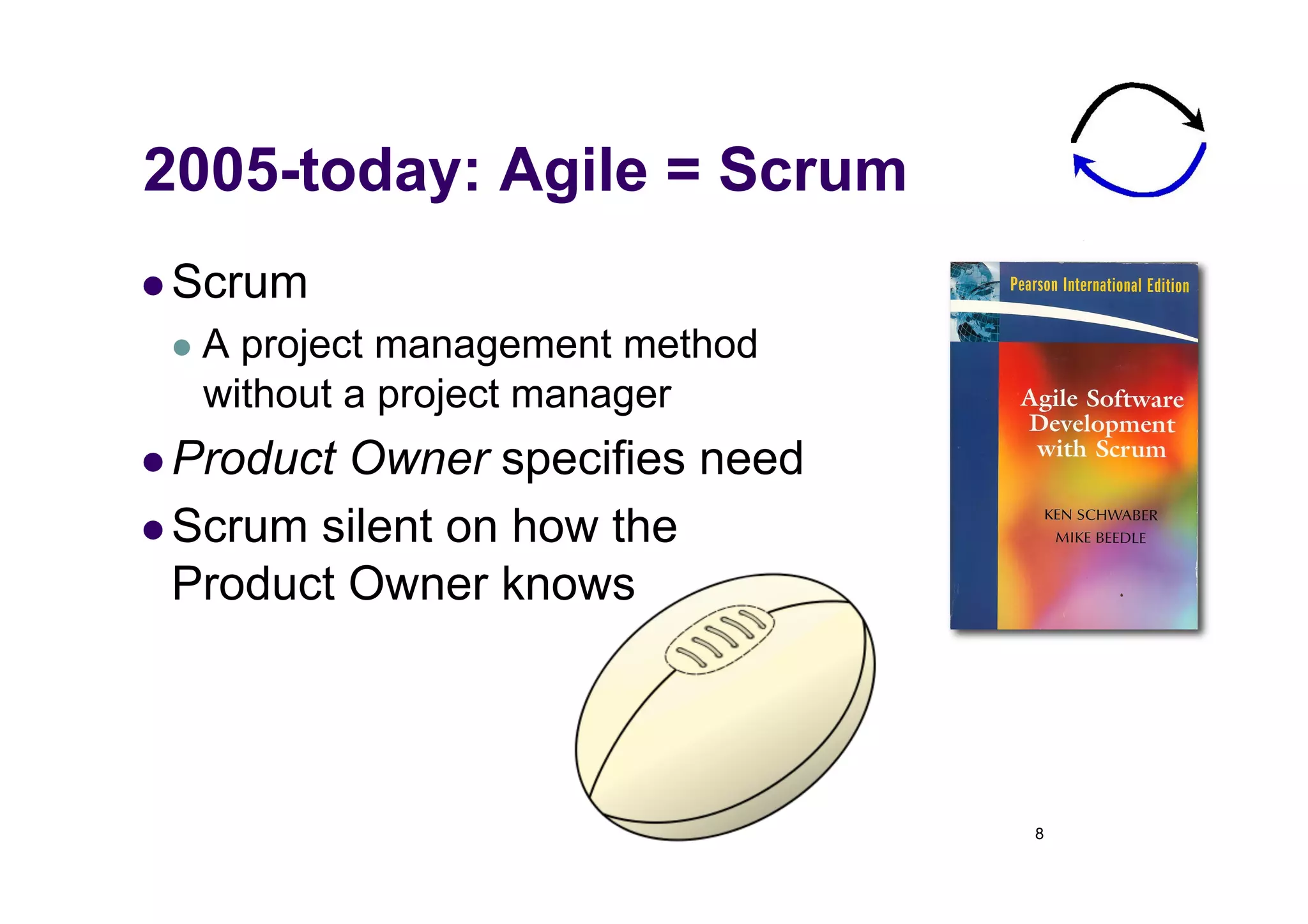 2005-today: Agile = Scrum
  Scrum
   Aproject management method
   without a project manager
  Product Owner specifies need
  Scrum silent on how the
   Product Owner knows




                                  8
 