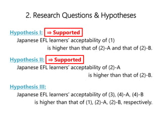 2. Research Questions & Hypotheses
Hypothesis I:
Japanese EFL learners acceptability of (1)
is higher than that of (2)-A and that of (2)-B.
Hypothesis II:
Japanese EFL learners acceptability of (2)-A
is higher than that of (2)-B.
Hypothesis III:
Japanese EFL learners acceptability of (3), (4)-A, (4)-B
is higher than that of (1), (2)-A, (2)-B, respectively.
? Supported
? Supported
 