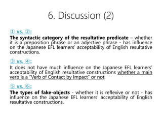 6. Discussion (2)
 vs. :
The syntactic category of the resultative predicate C whether
it is a preposition phrase or an adjective phrase - has influence
on the Japanese EFL learners acceptability of English resultative
constructions.
 vs. :
It does not have much influence on the Japanese EFL learners
acceptability of English resultative constructions whether a main
verb is a Verb of Contact by Impact or not.
 vs. :
The types of fake-objects - whether it is reflexive or not - has
influence on the Japanese EFL learners acceptability of English
resultative constructions.
 