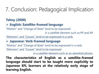 7. Conclusion: Pedagogical Implication
Talmy (2000)
? English: Satellite-framed language
Motion and Change of State tend to be expressed
in a satellite element such as PP and AP.
Manners and Causes tend to be expressed in a verb.
? Japanese: Verb-framed language
Motion and Change of State tend to be expressed in a verb.
Manners and Causes tend to be expressed
in a satellite element such as an adverbial phrase.
The characteristics of English as a satellite-framed
language should start to be taught more explicitly to
Japanese EFL learners at the relatively early stage of
learning English.
 
