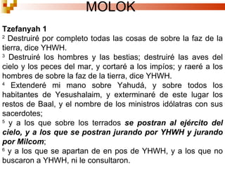 MOLOK Tzefanyah 1 2  Destruiré por completo todas las cosas de sobre la faz de la tierra, dice YHWH.  3  Destruiré los hombres y las bestias; destruiré las aves del cielo y los peces del mar, y cortaré a los impíos; y raeré a los hombres de sobre la faz de la tierra, dice YHWH.  4  Extenderé mi mano sobre Yahudá, y sobre todos los habitantes de Yesushalaim, y exterminaré de este lugar los restos de Baal, y el nombre de los ministros idólatras con sus sacerdotes;  5  y a los que sobre los terrados  se postran al ejército del cielo, y a los que se postran jurando por YHWH y jurando por Milcom ;  6  y a los que se apartan de en pos de YHWH, y a los que no buscaron a YHWH, ni le consultaron.  