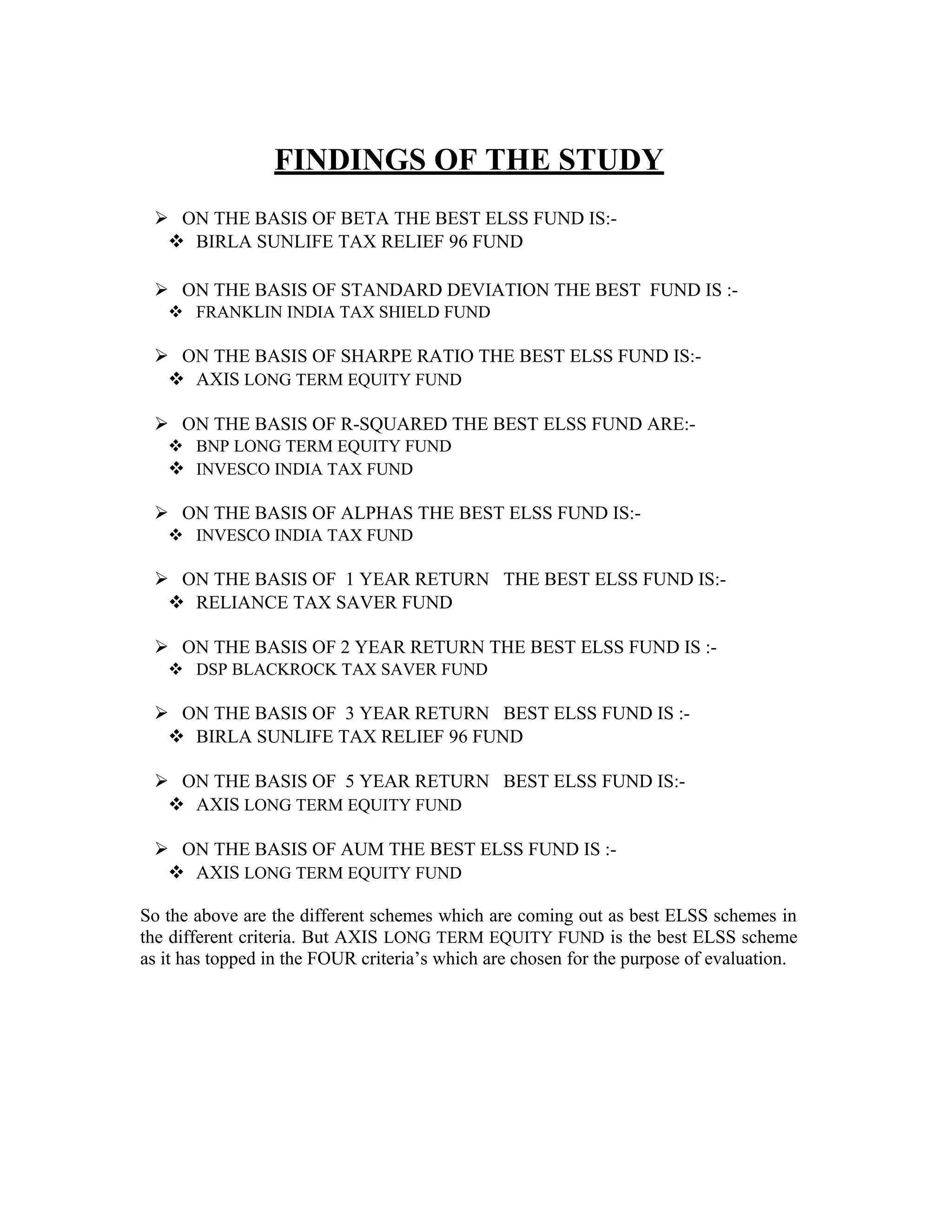 FINDINGS OF THE STUDY
 ON THE BASIS OF BETA THE BEST ELSS FUND IS:-
 BIRLA SUNLIFE TAX RELIEF 96 FUND
 ON THE BASIS OF STANDARD DEVIATION THE BEST FUND IS :-
 FRANKLIN INDIA TAX SHIELD FUND
 ON THE BASIS OF SHARPE RATIO THE BEST ELSS FUND IS:-
 AXIS LONG TERM EQUITY FUND
 ON THE BASIS OF R-SQUARED THE BEST ELSS FUND ARE:-
 BNP LONG TERM EQUITY FUND
 INVESCO INDIA TAX FUND
 ON THE BASIS OF ALPHAS THE BEST ELSS FUND IS:-
 INVESCO INDIA TAX FUND
 ON THE BASIS OF 1 YEAR RETURN THE BEST ELSS FUND IS:-
 RELIANCE TAX SAVER FUND
 ON THE BASIS OF 2 YEAR RETURN THE BEST ELSS FUND IS :-
 DSP BLACKROCK TAX SAVER FUND
 ON THE BASIS OF 3 YEAR RETURN BEST ELSS FUND IS :-
 BIRLA SUNLIFE TAX RELIEF 96 FUND
 ON THE BASIS OF 5 YEAR RETURN BEST ELSS FUND IS:-
 AXIS LONG TERM EQUITY FUND
 ON THE BASIS OF AUM THE BEST ELSS FUND IS :-
 AXIS LONG TERM EQUITY FUND
So the above are the different schemes which are coming out as best ELSS schemes in
the different criteria. But AXIS LONG TERM EQUITY FUND is the best ELSS scheme
as it has topped in the FOUR criteria’s which are chosen for the purpose of evaluation.
 