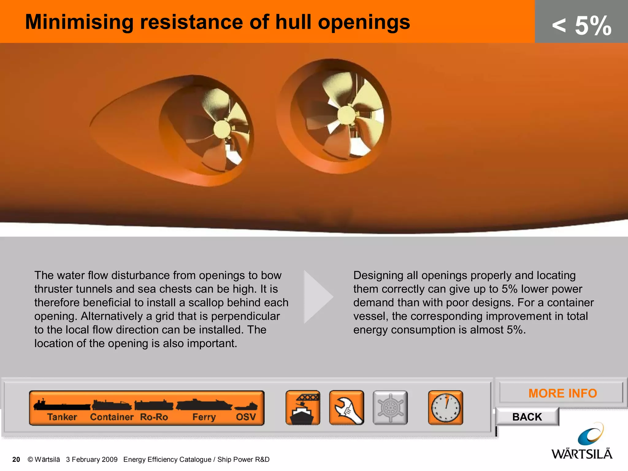 MORE INFO
BACK
Minimising resistance of hull openings
20 © Wärtsilä 3 February 2009 Energy Efficiency Catalogue / Ship Power R&D
< 5%
The water flow disturbance from openings to bow
thruster tunnels and sea chests can be high. It is
therefore beneficial to install a scallop behind each
opening. Alternatively a grid that is perpendicular
to the local flow direction can be installed. The
location of the opening is also important.
Designing all openings properly and locating
them correctly can give up to 5% lower power
demand than with poor designs. For a container
vessel, the corresponding improvement in total
energy consumption is almost 5%.
 
