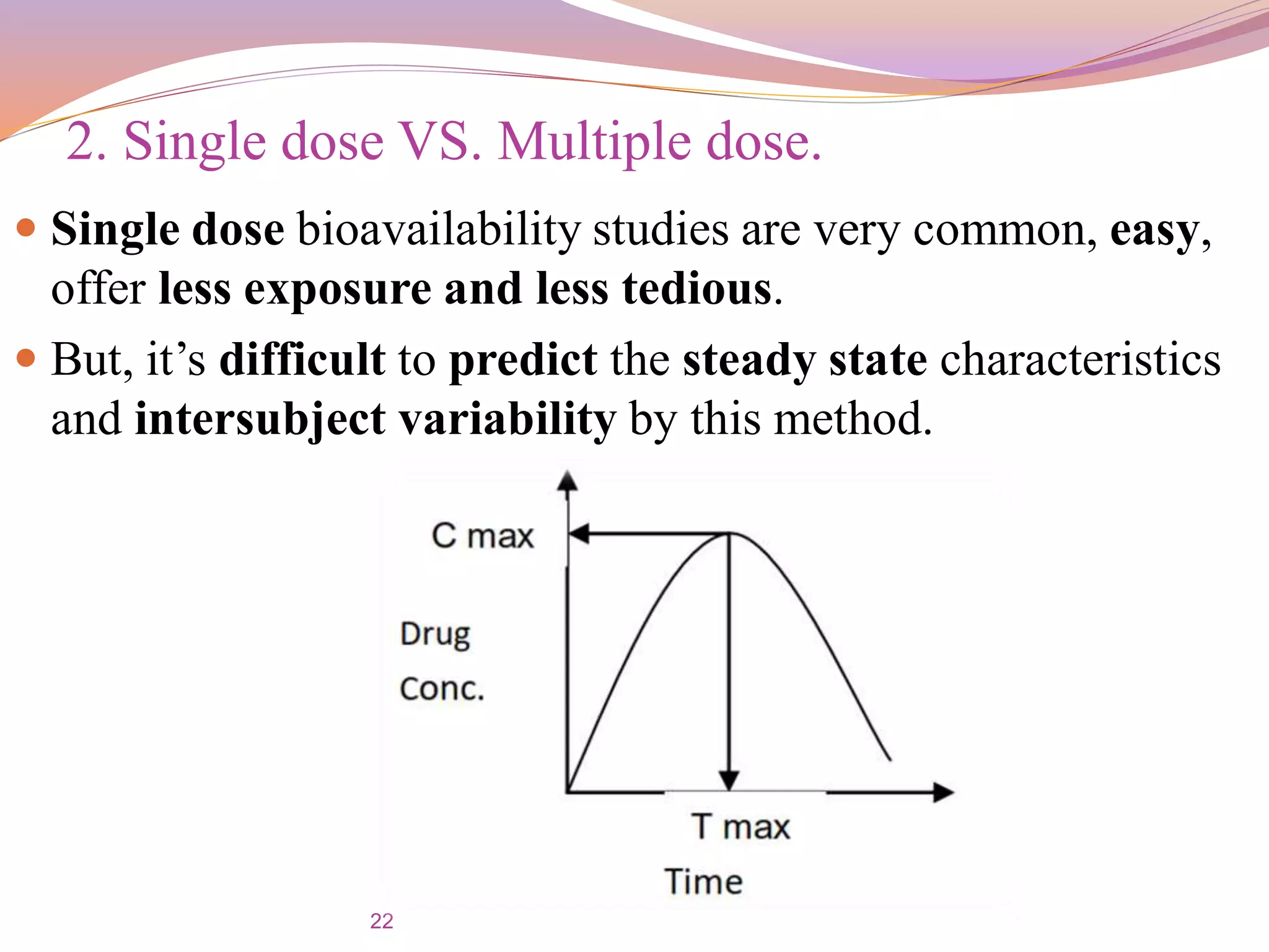 22
 Single dose bioavailability studies are very common, easy,
offer less exposure and less tedious.
 But, it’s difficult to predict the steady state characteristics
and intersubject variability by this method.
2. Single dose VS. Multiple dose.
 