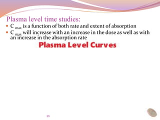 29
 C max is a function of both rate and extent of absorption
 C max will increase with an increase in the dose as well as with
an increase in the absorption rate
Plasma level time studies:
 