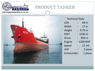 PRODUCT TANKER

          • Technical Data:
          LOA      : 68 m
          Width    : 17 m
          Height   : 9.70 m
          DWT      : 1500 m
          Gross    : 850 m
          Engine   : 1200 BHP
          Speed    : 12 mil
          VHF       :   2 piece
          Echosunder:   1 piece
 