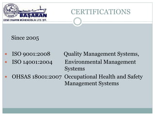 CERTIFICATIONS


  Since 2005

 ISO 9001:2008    Quality Management Systems,
 ISO 14001:2004   Environmental Management
                   Systems
 OHSAS 18001:2007 Occupational Health and Safety
                   Management Systems
 