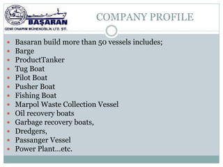 COMPANY PROFILE

   Basaran build more than 50 vessels includes;
   Barge
   ProductTanker
   Tug Boat
   Pilot Boat
   Pusher Boat
   Fishing Boat
   Marpol Waste Collection Vessel
   Oil recovery boats
   Garbage recovery boats,
   Dredgers,
   Passanger Vessel
   Power Plant…etc.
 