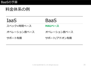 BaaSの予算
料金体系の例
© 2016 SQUARE ENIX CO., LTD. All Rights Reserved. 21
IaaS BaaS
スペック×時間ベース
オペレーション数ベース
サポート有償
MAUベース
オペレーション数ベース
サポート/アドオン有償
 