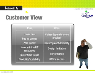 Customer View
                                  Pros                       Cons

                               Lower cost           Higher dependency on
                             Pay as you go                 provider
                               Zero Capex           Security/confidentiality
                            No or minimal IT           Design limitation
                               resources
                           Faster time to use            Performance
                          Flexibility/scalability       Offline access



vendredi 2 octobre 2009
 