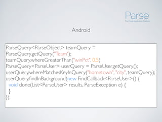 ParseQuery<ParseObject> teamQuery =
ParseQuery.getQuery("Team");
teamQuery.whereGreaterThan("winPct", 0.5);
ParseQuery<ParseUser> userQuery = ParseUser.getQuery();
userQuery.whereMatchesKeyInQuery("hometown", "city", teamQuery);
userQuery.ﬁndInBackground(new FindCallback<ParseUser>() {
  void done(List<ParseUser> results, ParseException e) {
  }
});
Android
 